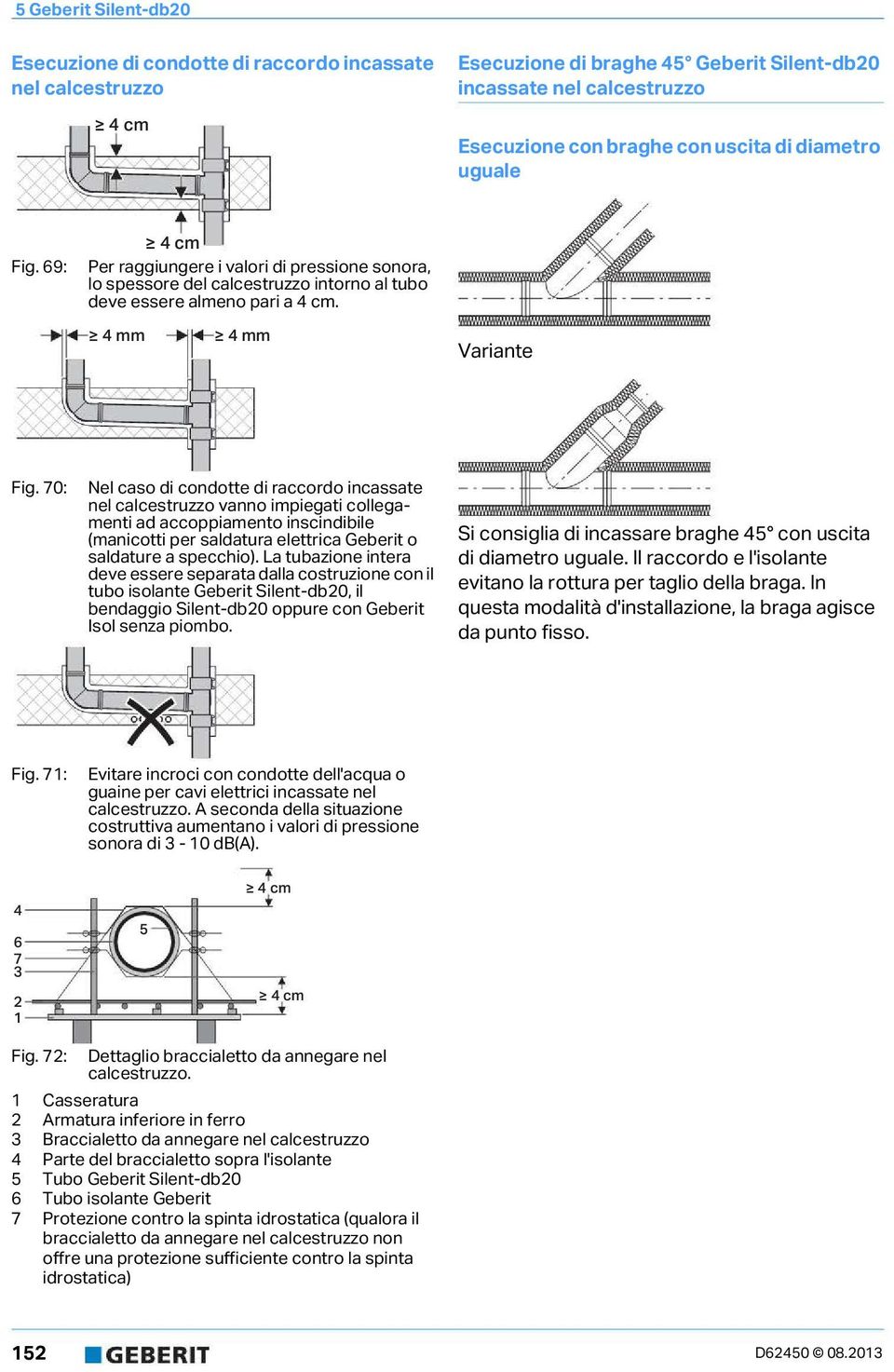 70: Nel caso i conotte i raccoro incassate nel calcestruzzo vanno impiegati collegamenti a accoppiamento inscinibile (manicotti per salatura elettrica Geberit o salature a specchio).