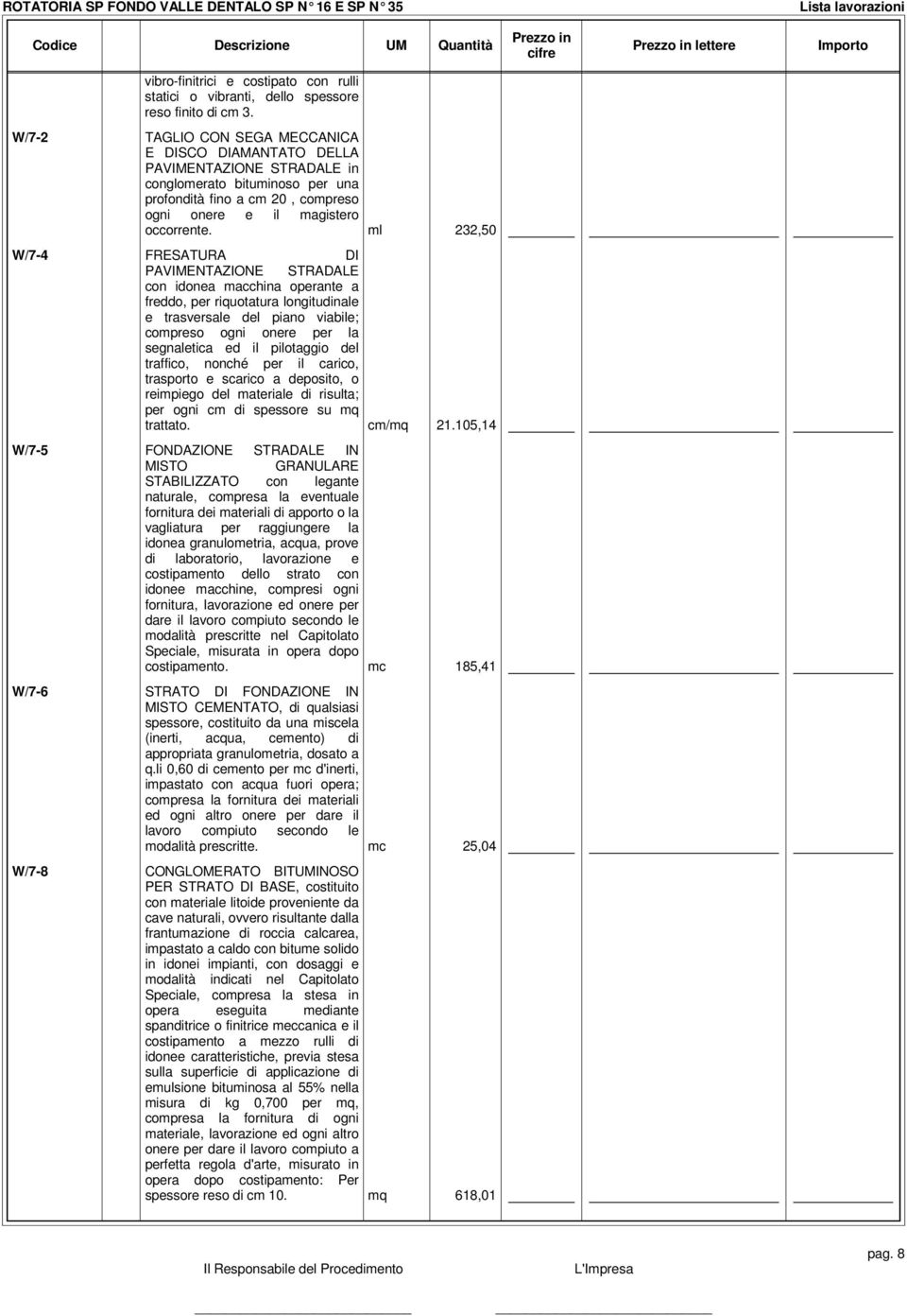 ml 232,50 W/7-4 FRESATURA DI PAVIMENTAZIONE STRADALE con idonea macchina operante a freddo, per riquotatura longitudinale e trasversale del piano viabile; compreso ogni onere per la segnaletica ed il