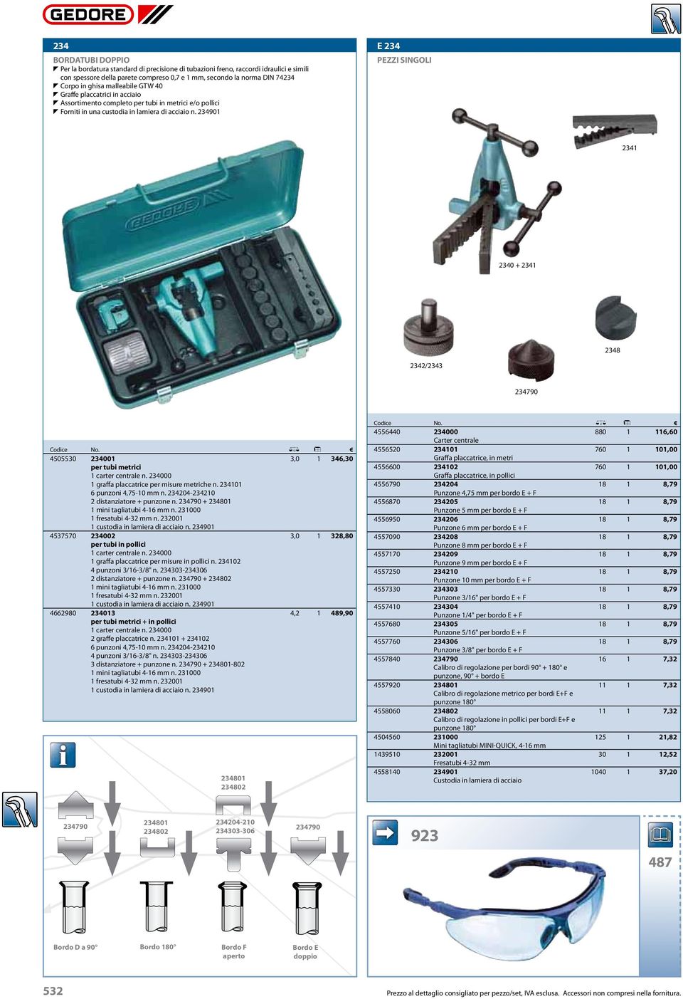 234901 E 234 PEZZI SINGOLI 2341 2340 + 2341 2348 2342/2343 234790 Codice No. 0 l 4505530 234001 3,0 1 346,30 per tubi metrici 1 carter centrale n. 234000 1 graffa placcatrice per misure metriche n.