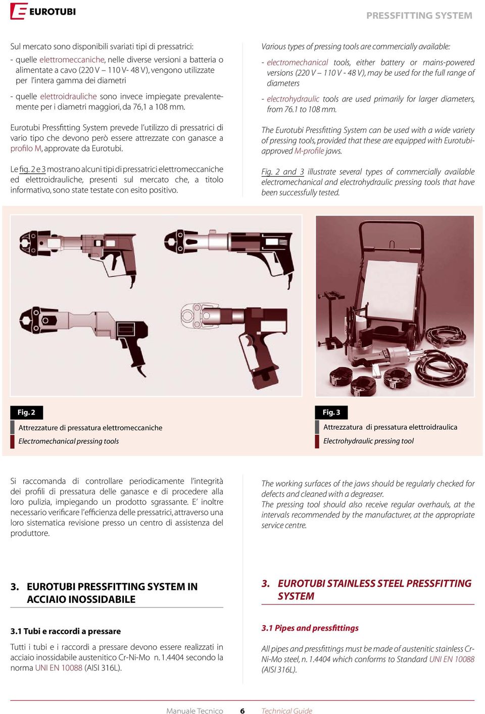 Eurotubi Pressfitting System prevede l utilizzo di pressatrici di vario tipo che devono però essere attrezzate con ganasce a profilo M, approvate da Eurotubi. Le fig.