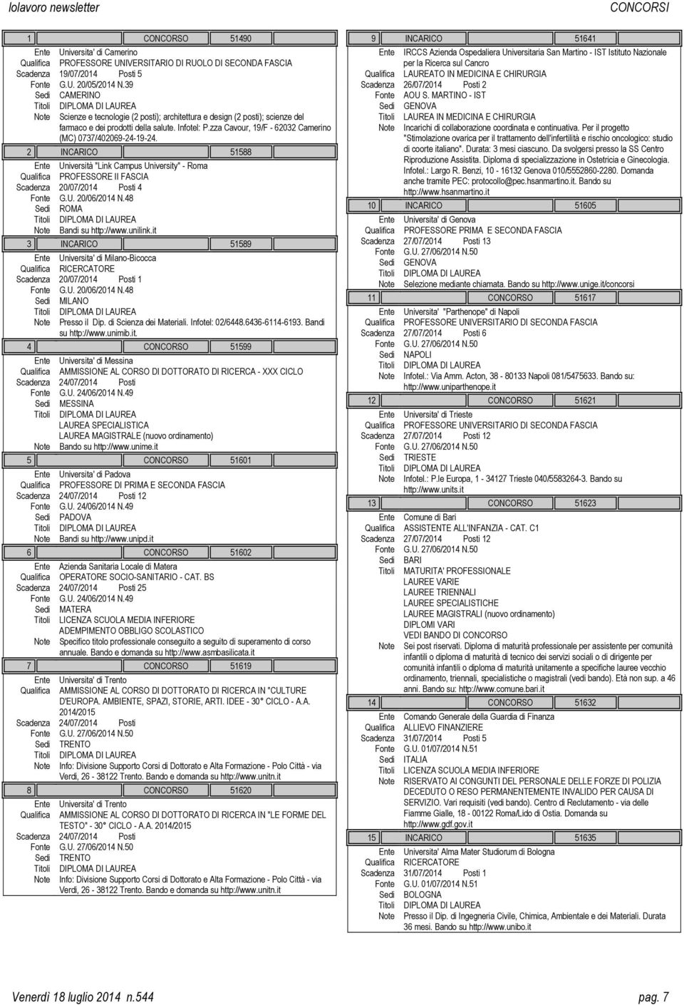 zza Cavour, 19/F - 62032 Camerino (MC) 0737/402069-24-19-24. 2 INCARICO 51588 Ente Università "Link Campus University" - Roma Qualifica PROFESSORE II FASCIA Scadenza 20/07/2014 Posti 4 Fonte G.U. 20/06/2014 N.