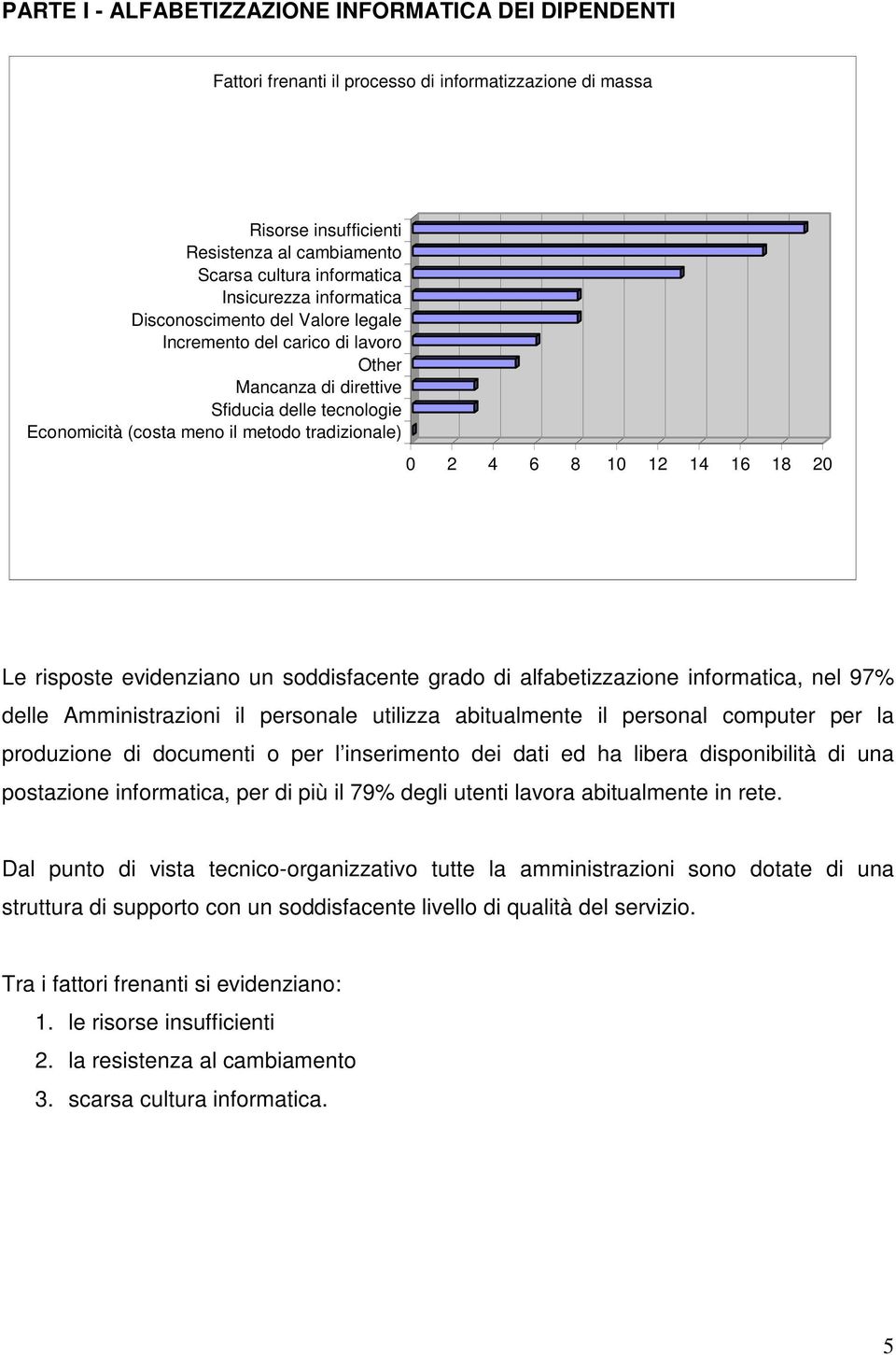 16 18 20 Le risposte evidenziano un soddisfacente grado di alfabetizzazione informatica, nel 97% delle Amministrazioni il personale utilizza abitualmente il personal computer per la produzione di