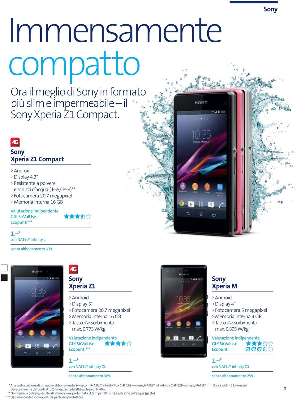 Sony Xperia Z1 > Android > Display 5" > Fotocamera 20.7 megapixel > Memoria interna 16 GB > Tasso d assorbimento max. 0.773 W/kg *** con NATEL infinity XL senza abbonamento 929.