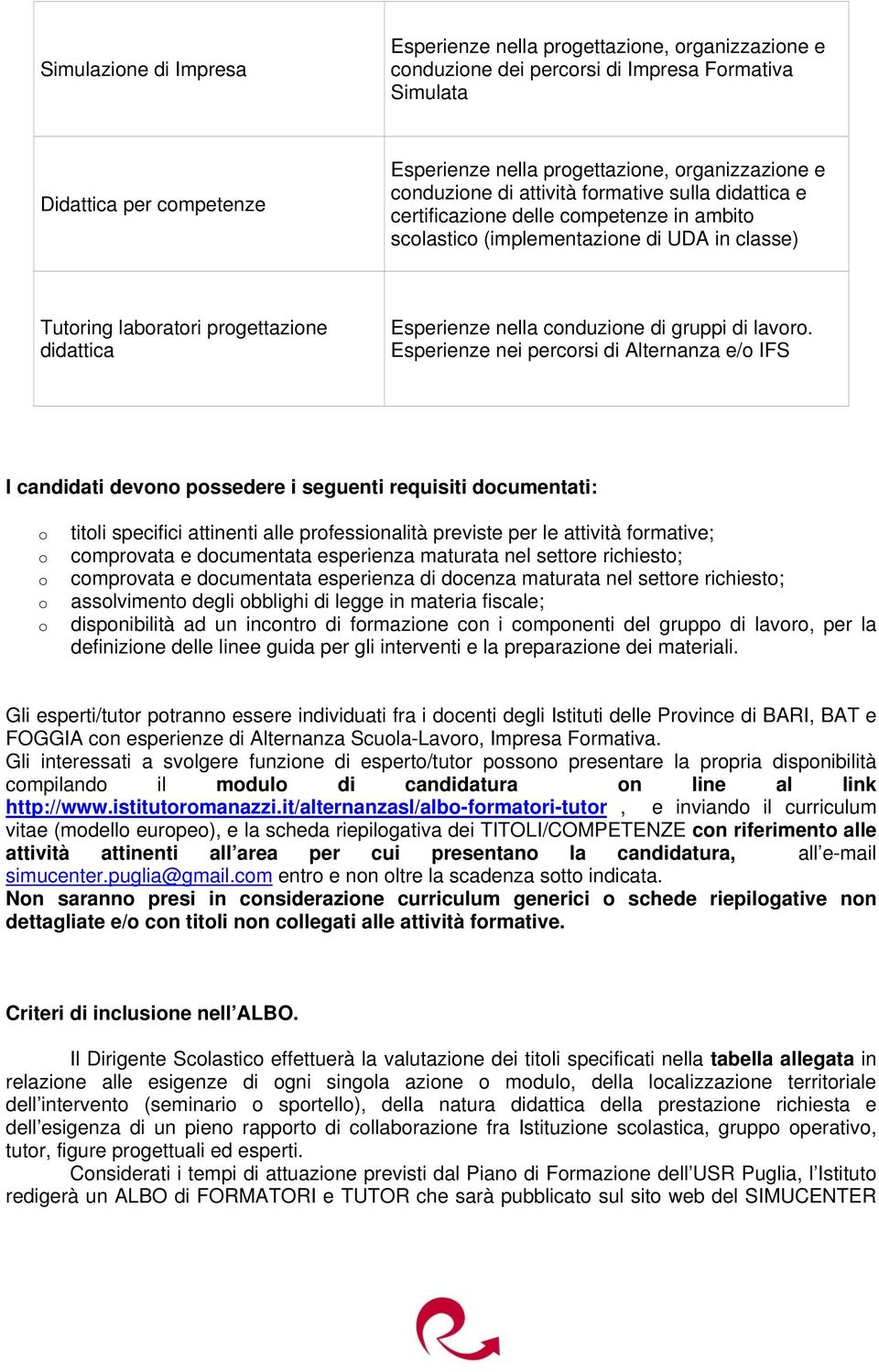 lavr. Esperienze nei percrsi di Alternanza e/ IFS I candidati devn pssedere i seguenti requisiti dcumentati: titli specifici attinenti alle prfessinalità previste per le attività frmative; cmprvata e