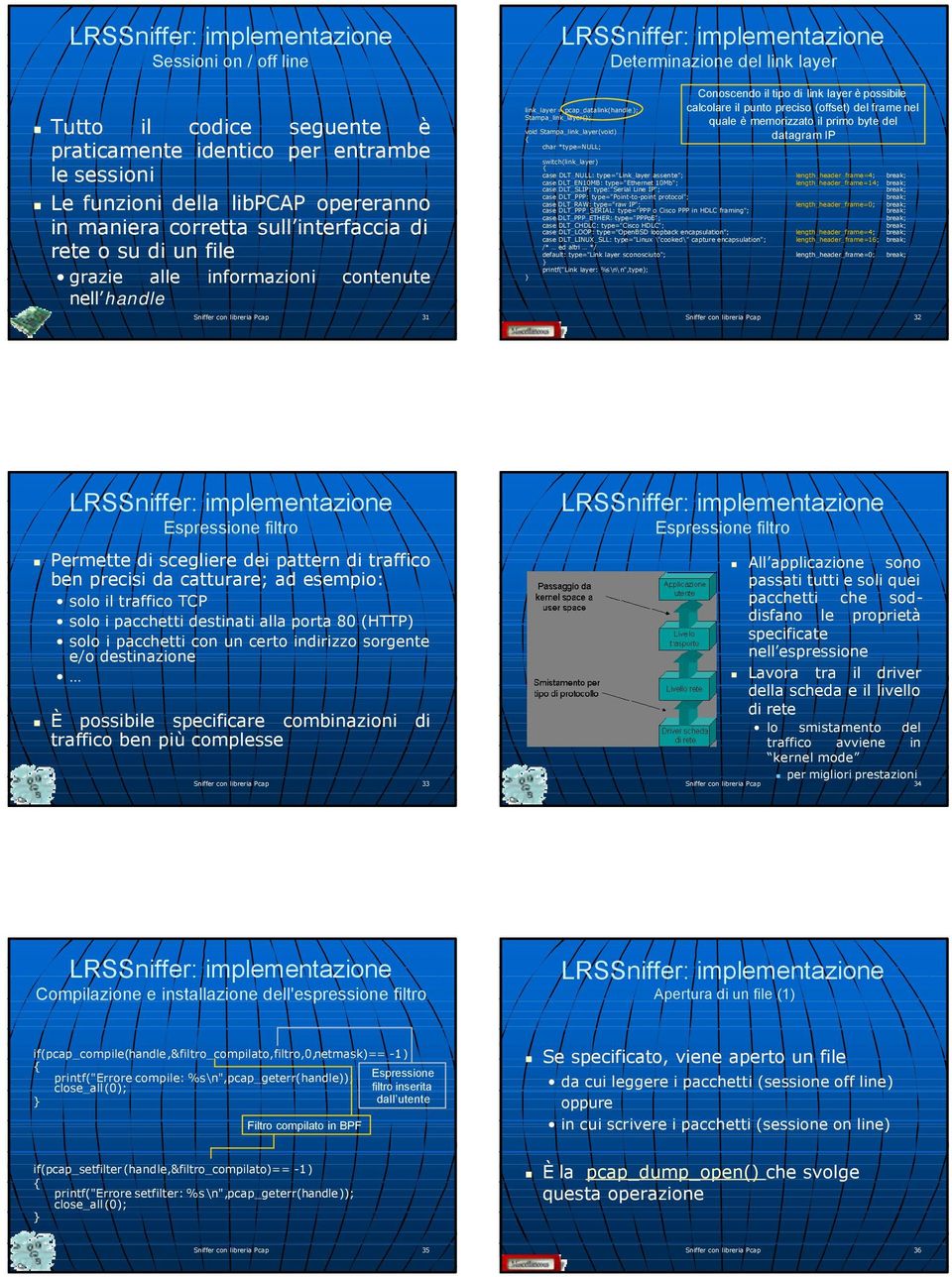 Determinazione del link layer case DLT_NULL: type="link_layer assente"; length_header_frame=4; case DLT_EN10MB: type="ethernet 10Mb"; length_header_frame=14; case DLT_SLIP: type:"serial Line IP";