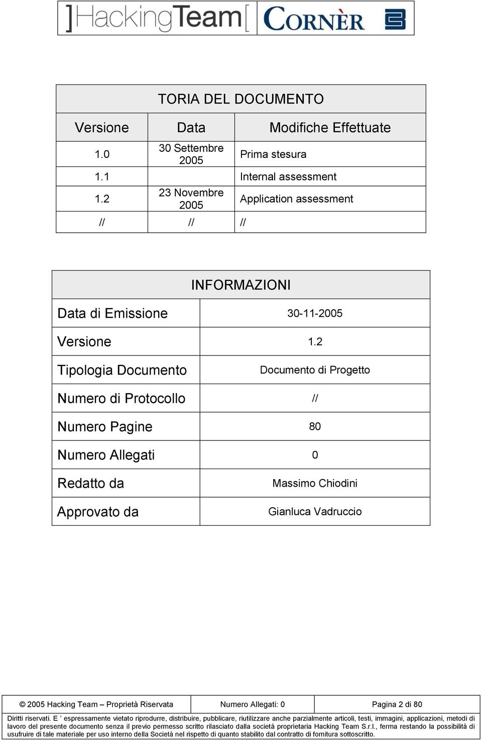 2 23 Novembre 2005 // // // Application assessment INFORMAZIONI Data di Emissione 30-11-2005 Versione 1.