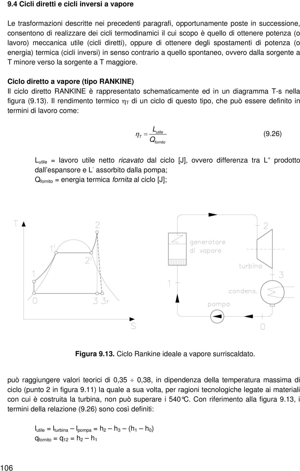 sorgente a T minore verso la sorgente a T maggiore. Ciclo diretto a vaore (tio RANKINE) Il ciclo diretto RANKINE è raresentato schematicamente ed in un diagramma T-s nella figura (9.3).