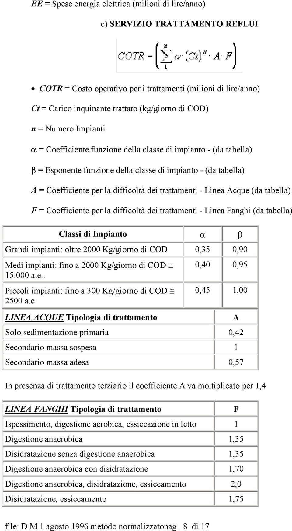 Linea Acque (da tabella) F = Coefficiente per la difficoltà dei trattamenti - Linea Fanghi (da tabella) Classi di Impianto α β Grandi impianti: oltre 2000 Kg/giorno di COD 0,35 0,90 Medi impianti: