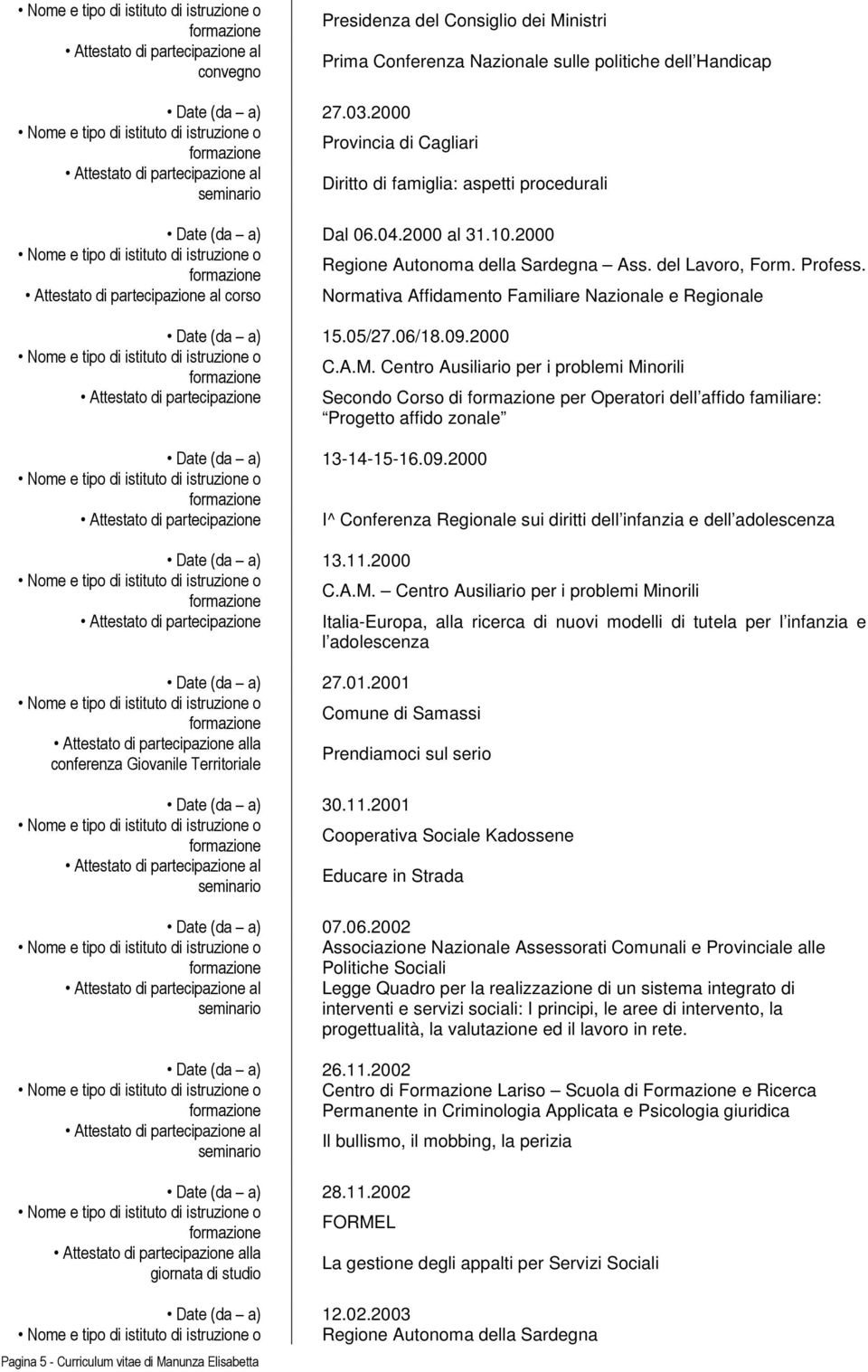 Centro Ausiliario per i problemi Minorili Attestato di partecipazione Secondo Corso di per Operatori dell affido familiare: Progetto affido zonale Date (da a) 13-14-15-16.09.