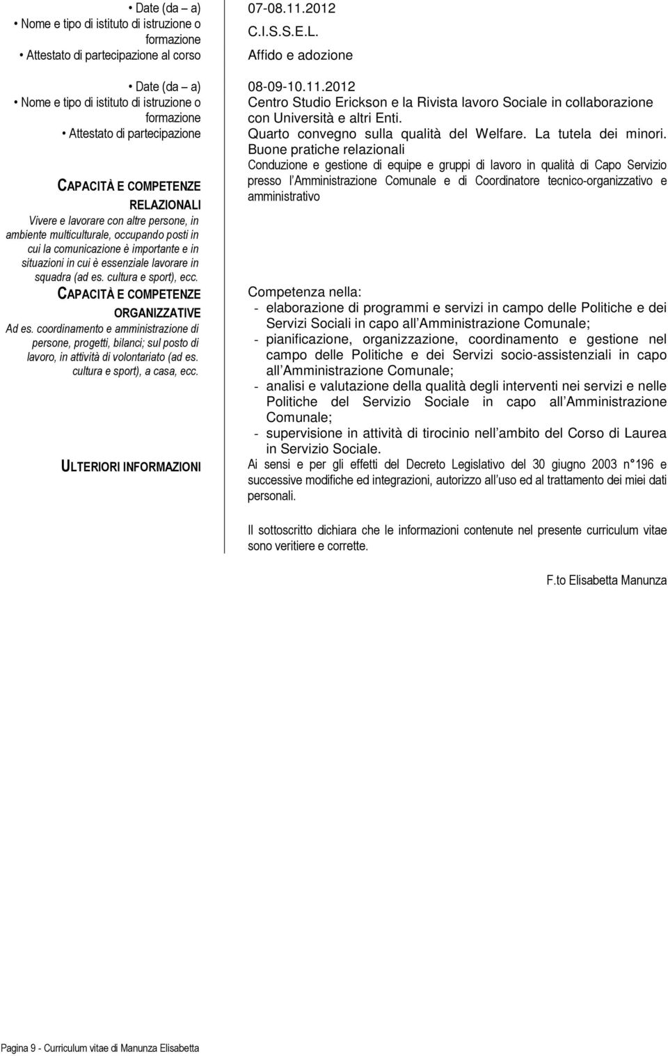 Buone pratiche relazionali Conduzione e gestione di equipe e gruppi di lavoro in qualità di Capo Servizio presso l Amministrazione Comunale e di Coordinatore tecnico-organizzativo e amministrativo