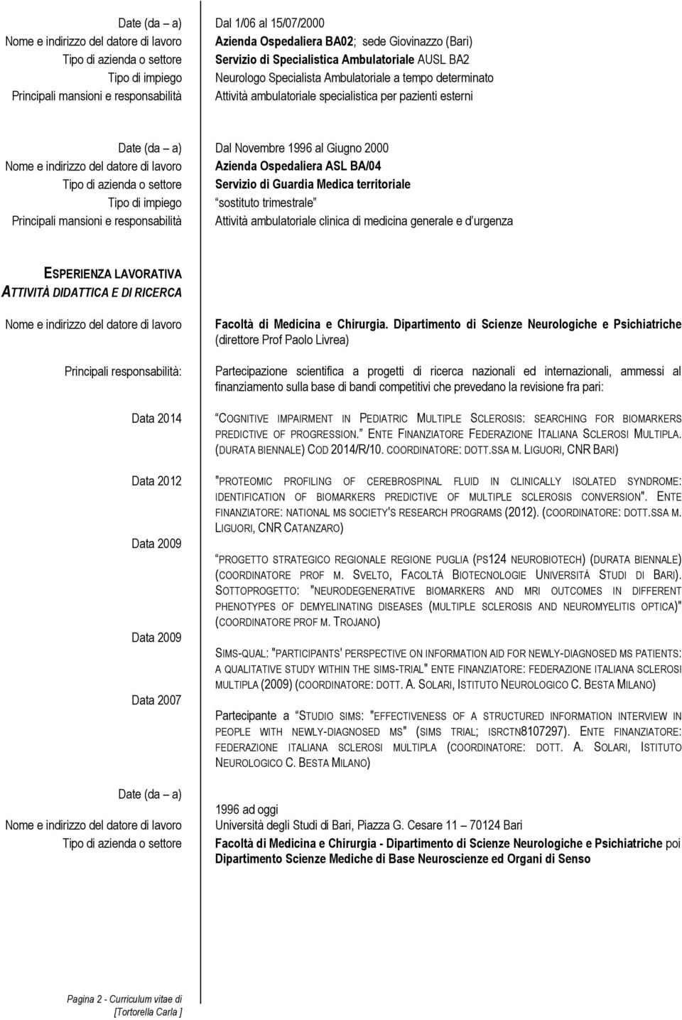 Giugno 2000 Nome e indirizzo del datore di lavoro Azienda Ospedaliera ASL BA/04 Tipo di azienda o settore Servizio di Guardia Medica territoriale Tipo di impiego sostituto trimestrale Principali