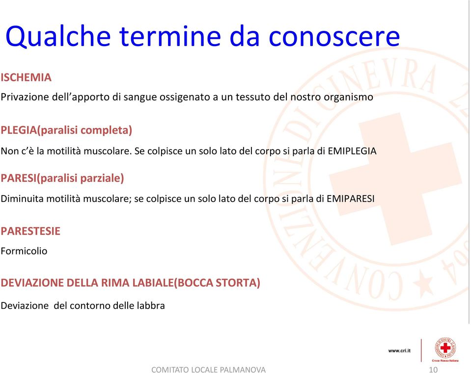 Se colpisce un solo lato del corpo si parla di EMIPLEGIA PARESI(paralisi parziale) Diminuita motilità muscolare; se