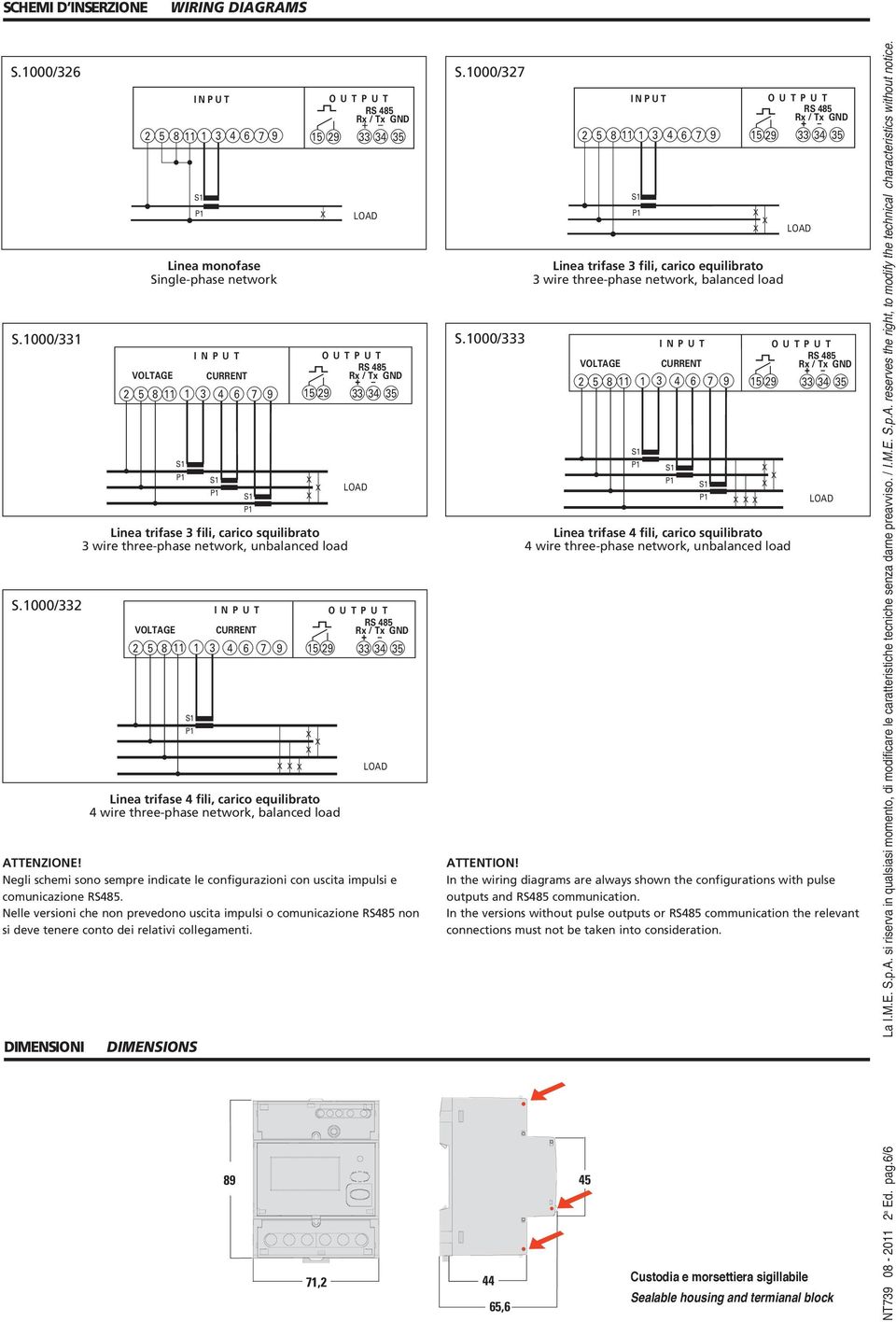 three-phase network, balanced load 89 45 7,2 ATTENZIONE! Negli schemi sono sempre indicate le configurazioni con uscita impulsi e comunicazione RS485.