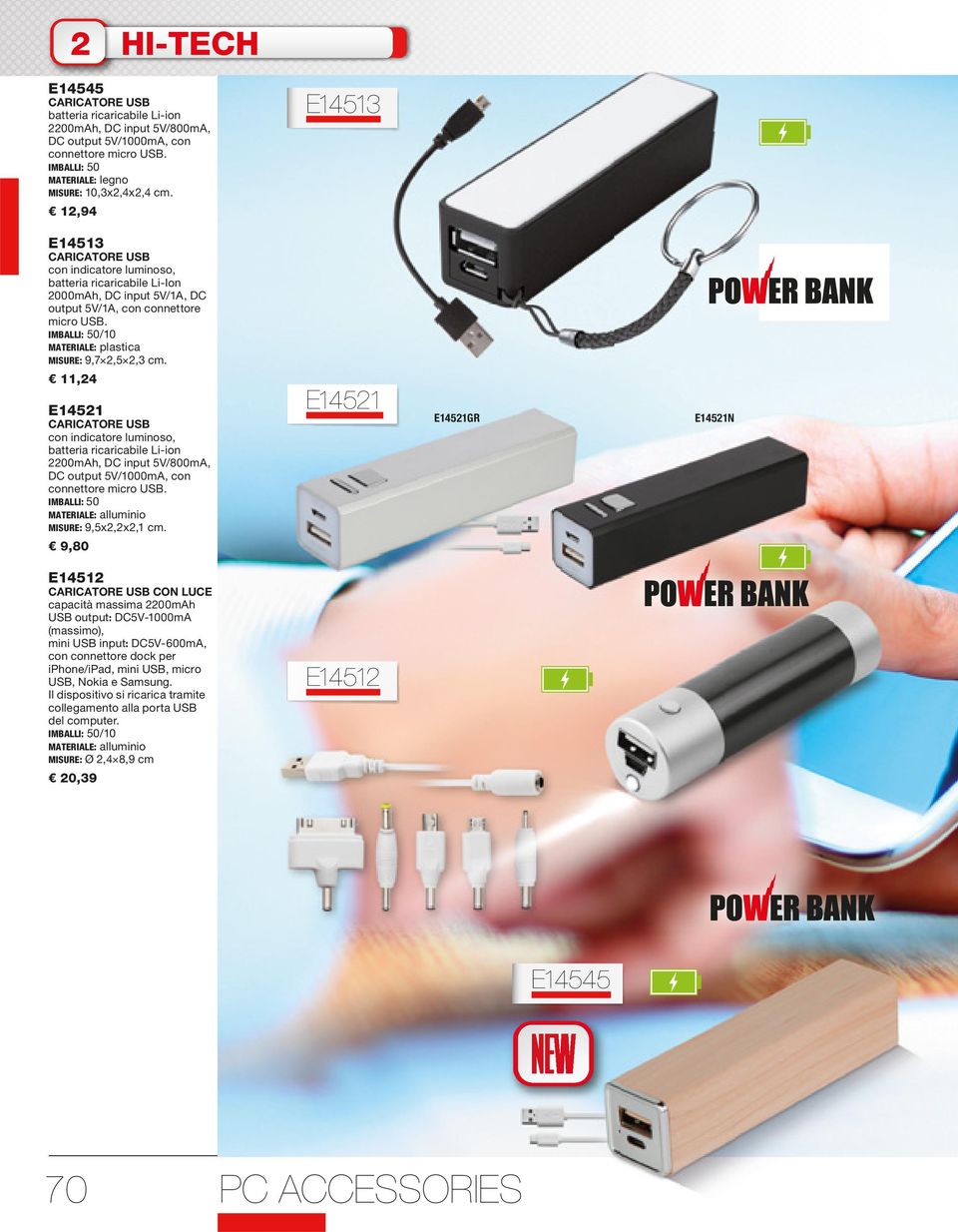 11,24 E14521 CARICATORE USB con indicatore luminoso, batteria ricaricabile Li-ion 2200mAh, DC input 5V/800mA, DC output 5V/1000mA, con connettore micro USB.