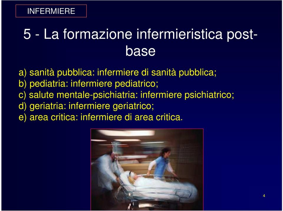 pediatrico; c) salute mentale-psichiatria: infermiere psichiatrico; d)