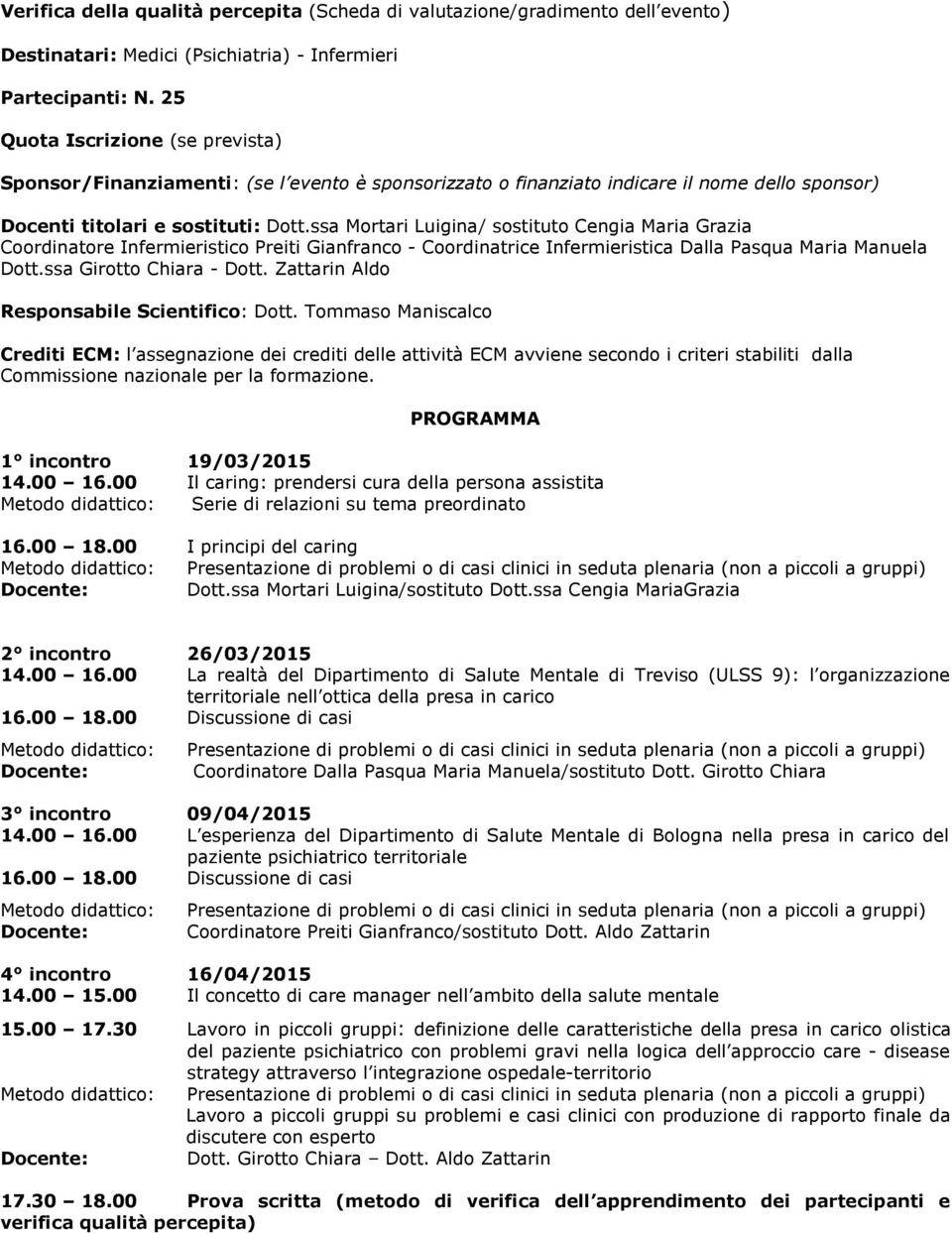 ssa Mortari Luigina/ sostituto Cengia Maria Grazia Coordinatore Infermieristico Preiti Gianfranco - Coordinatrice Infermieristica Dalla Pasqua Maria Manuela Dott.ssa Girotto Chiara - Dott.