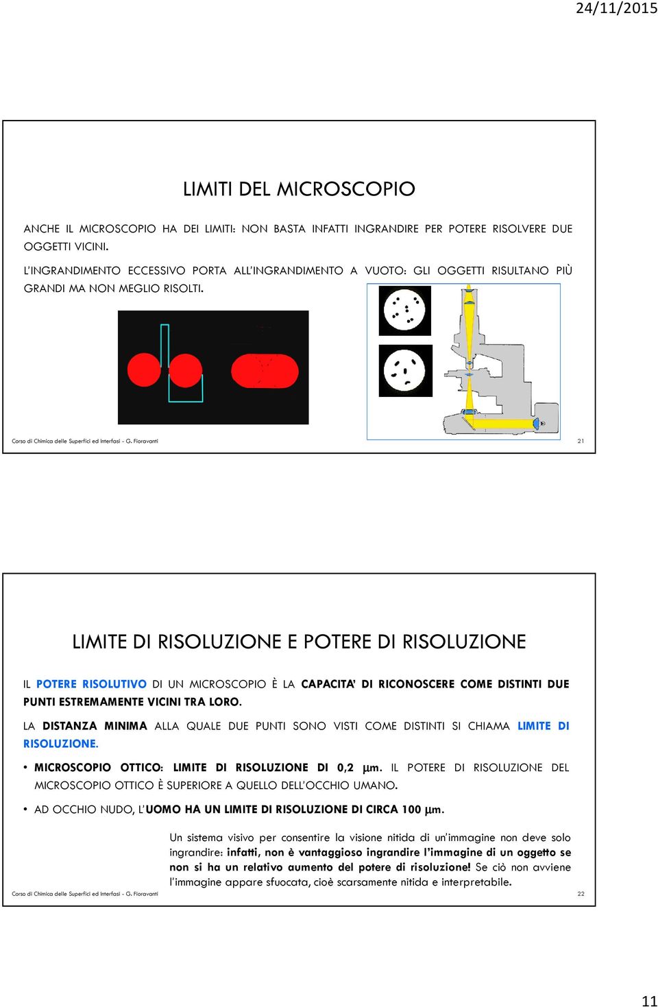 Fioravanti 21 LIMITE DI RISOLUZIONE E POTERE DI RISOLUZIONE IL POTERE RISOLUTIVO DI UN MICROSCOPIO È LA CAPACITA DI RICONOSCERE COME DISTINTI DUE PUNTI ESTREMAMENTE VICINI TRA LORO.