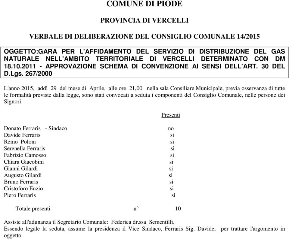 267/2000 L'anno 2015, addì 29 del mese di Aprile, alle ore 21,00 nella sala Conliare Municipale, previa osservanza di tutte le formalità previste dalla legge, sono stati convocati a seduta i