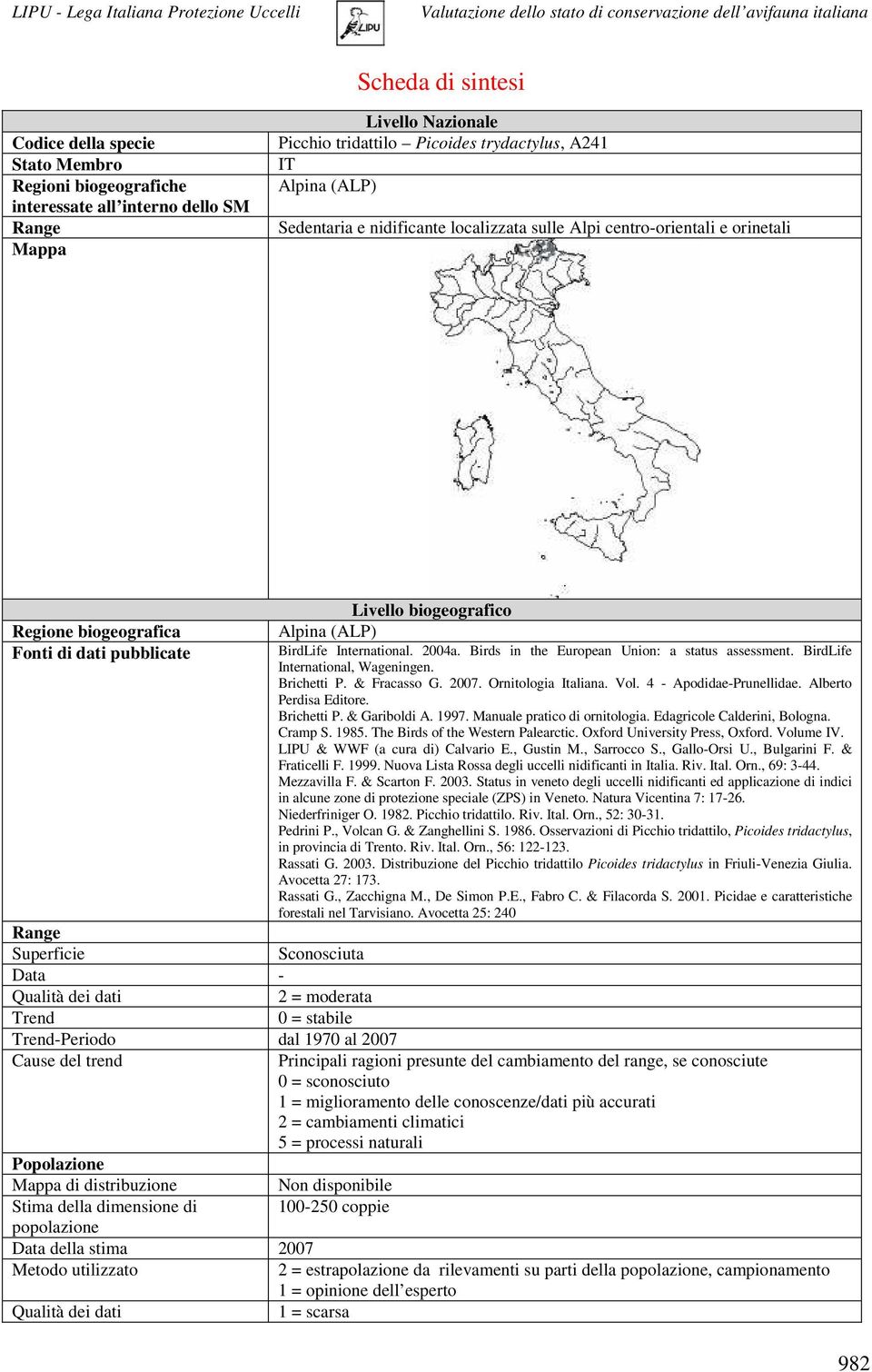 Birds in the European Union: a status assessment. BirdLife International, Wageningen. Brichetti P. & Fracasso G. 2007. Ornitologia Italiana. Vol. 4 - Apodidae-Prunellidae. Alberto Perdisa Editore.