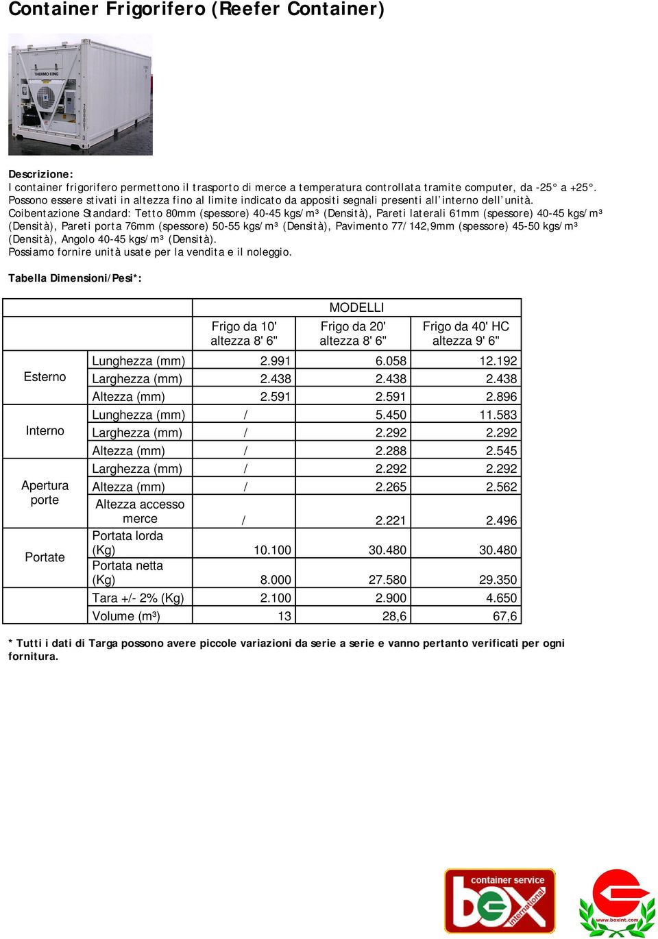 Coibentazione Standard: Tetto 80mm (spessore) 40-45 kgs/m³ (Densità), Pareti laterali 61mm (spessore) 40-45 kgs/m³ (Densità), Pareti porta 76mm (spessore) 50-55 kgs/m³ (Densità), Pavimento 77/142,9mm