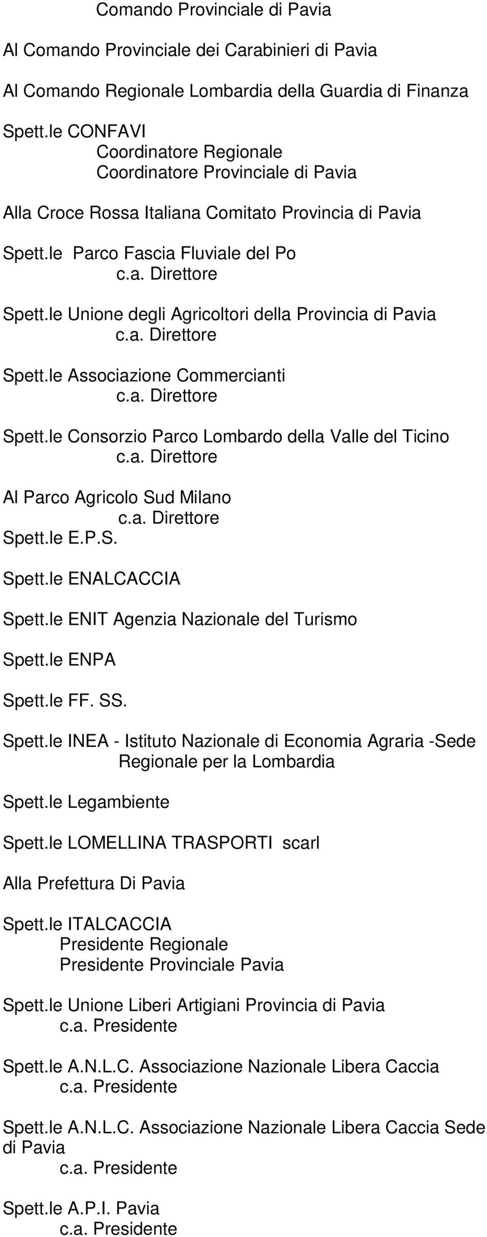 le Unione degli Agricoltori della Provincia di Pavia Spett.le Associazione Commercianti Spett.le Consorzio Parco Lombardo della Valle del Ticino Al Parco Agricolo Sud Milano Spett.le E.P.S. Spett.le ENALCACCIA Spett.