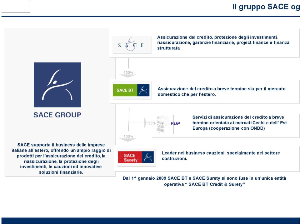 100% 33% KUP Servizi di assicurazione del credito a breve termine orientata ai mercati Cechi e dell Est Europa (cooperazione con ONDD) SACE supporta il il business delle imprese italiane all estero,