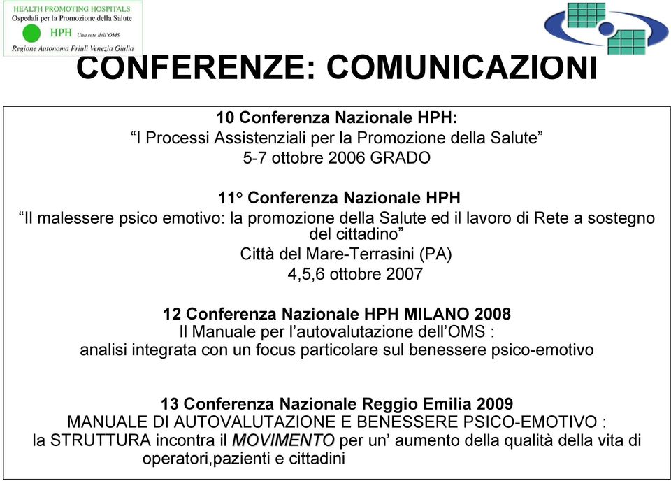 Nazionale HPH MILANO 2008 Il Manuale per l autovalutazione dell OMS : analisi integrata con un focus particolare sul benessere psico-emotivo 13 Conferenza Nazionale