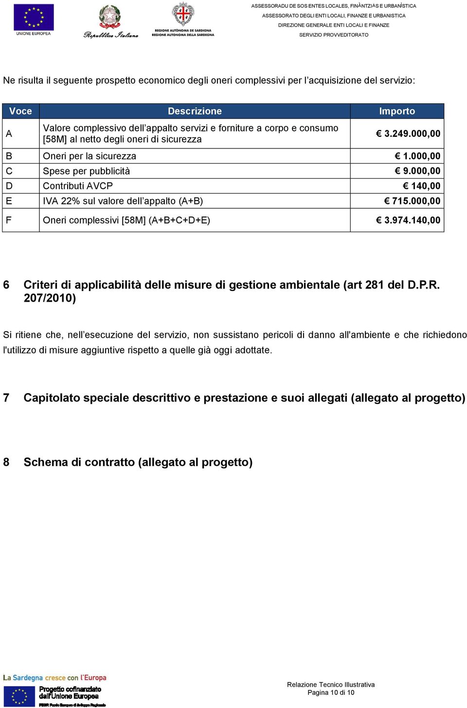 000,00 F Oneri complessivi [58M] (A+B+C+D+E) 3.974.140,00 6 Criteri di applicabilità delle misure di gestione ambientale (art 281 del D.P.R.