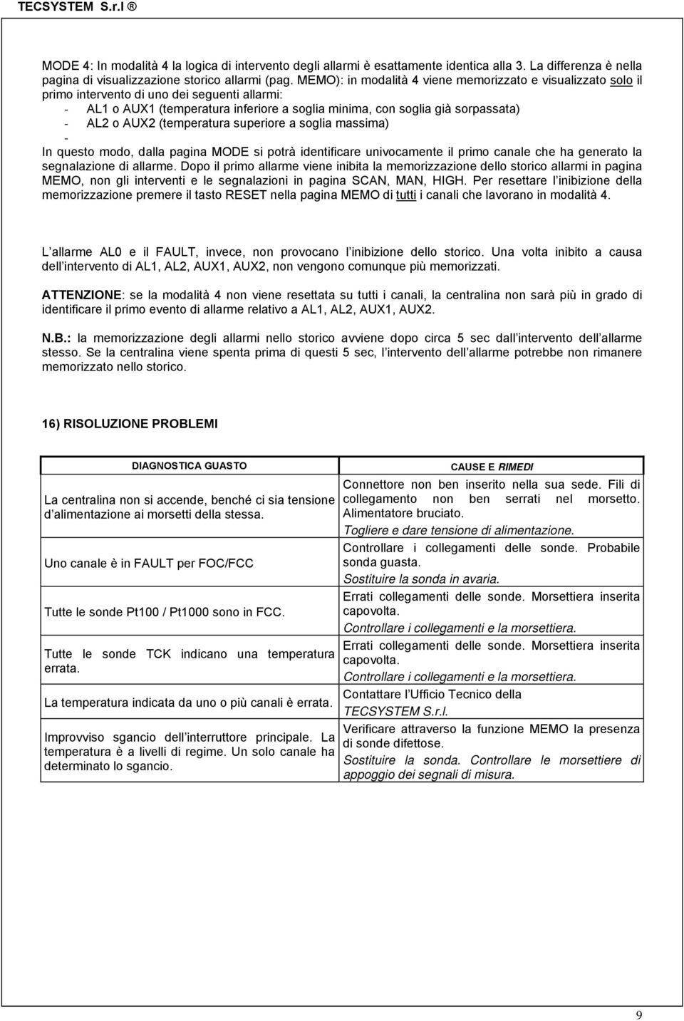 AUX2 (temperatura superiore a soglia massima) - In questo modo, dalla pagina MODE si potrà identificare univocamente il primo canale che ha generato la segnalazione di allarme.