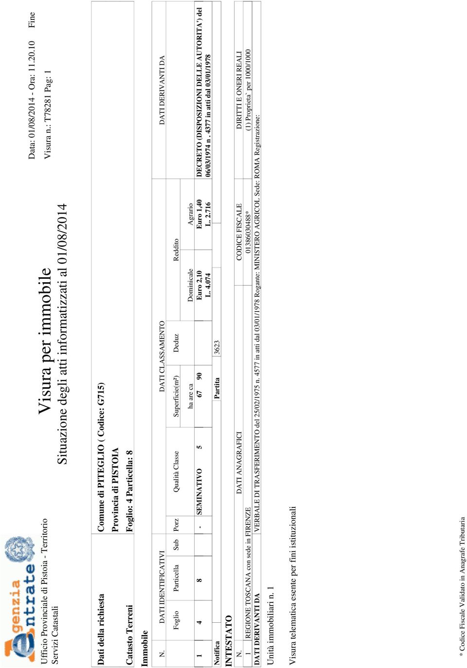 DATI IDENTIFICATIVI DATI CLASSAMENTO DATI DERIVANTI DA Foglio Particella Sub Porz Qualità Classe Superficie(m²) Deduz Reddito ha are ca Dominicale Agrario 1 4 8 - SEMINATIVO 5 67 90 Euro 2,10 Euro