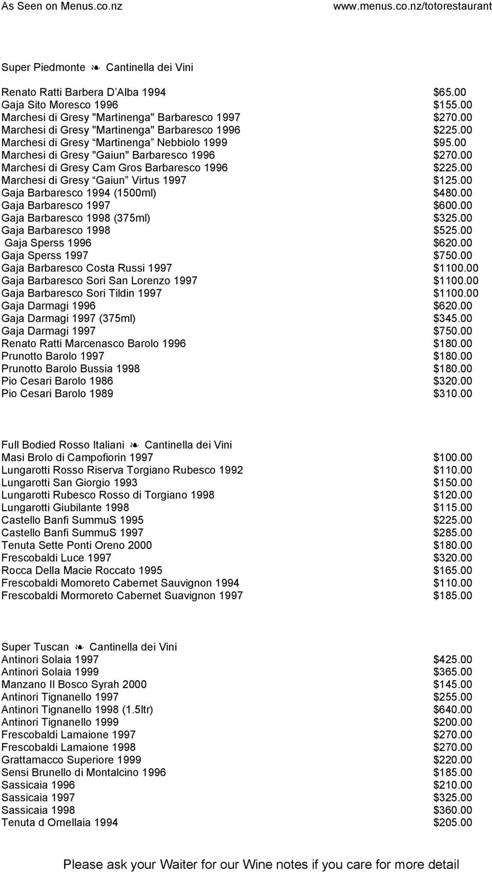 00 Marchesi di Gresy Cam Gros Barbaresco 1996 $225.00 Marchesi di Gresy Gaiun Virtus 1997 $125.00 Gaja Barbaresco 1994 (1500ml) $480.00 Gaja Barbaresco 1997 $600.00 Gaja Barbaresco 1998 (375ml) $325.