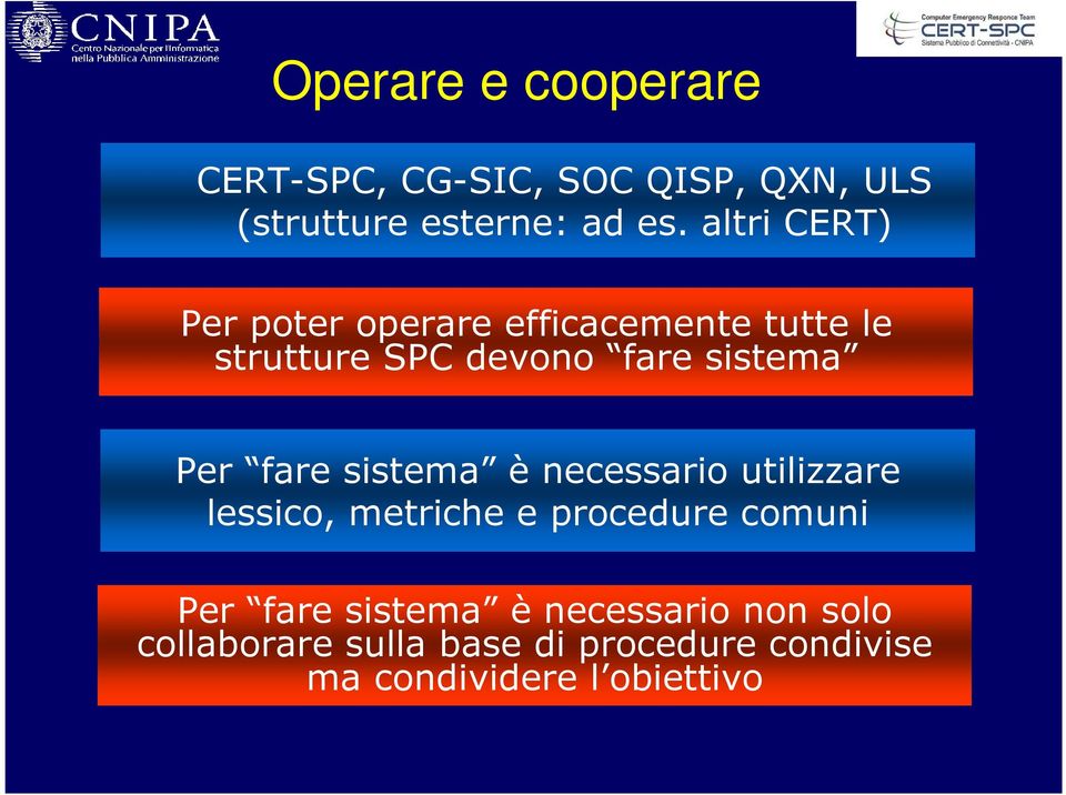 Per fare sistema è necessario utilizzare lessico, metriche e procedure comuni Per fare