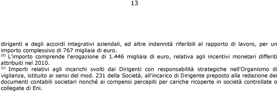 (c) Importi relativi agli incarichi svolti dai Dirigenti con responsabilità strategiche nell Organismo di vigilanza, istituito ai sensi del mod.