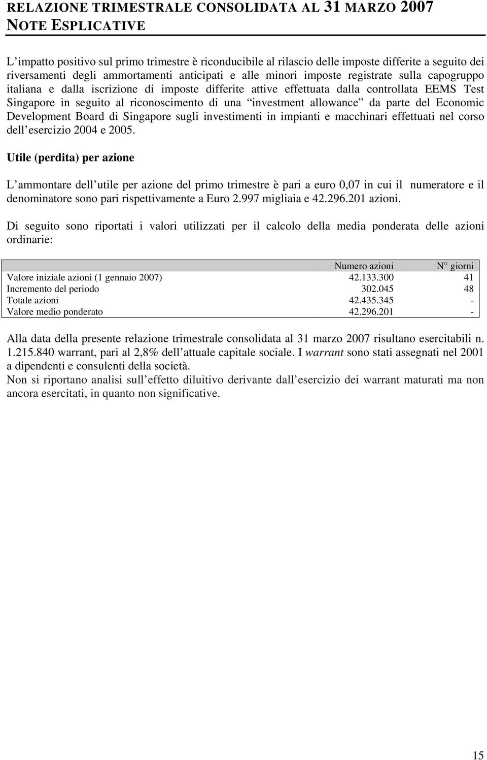 Economic Development Board di Singapore sugli investimenti in impianti e macchinari effettuati nel corso dell esercizio 2004 e 2005.