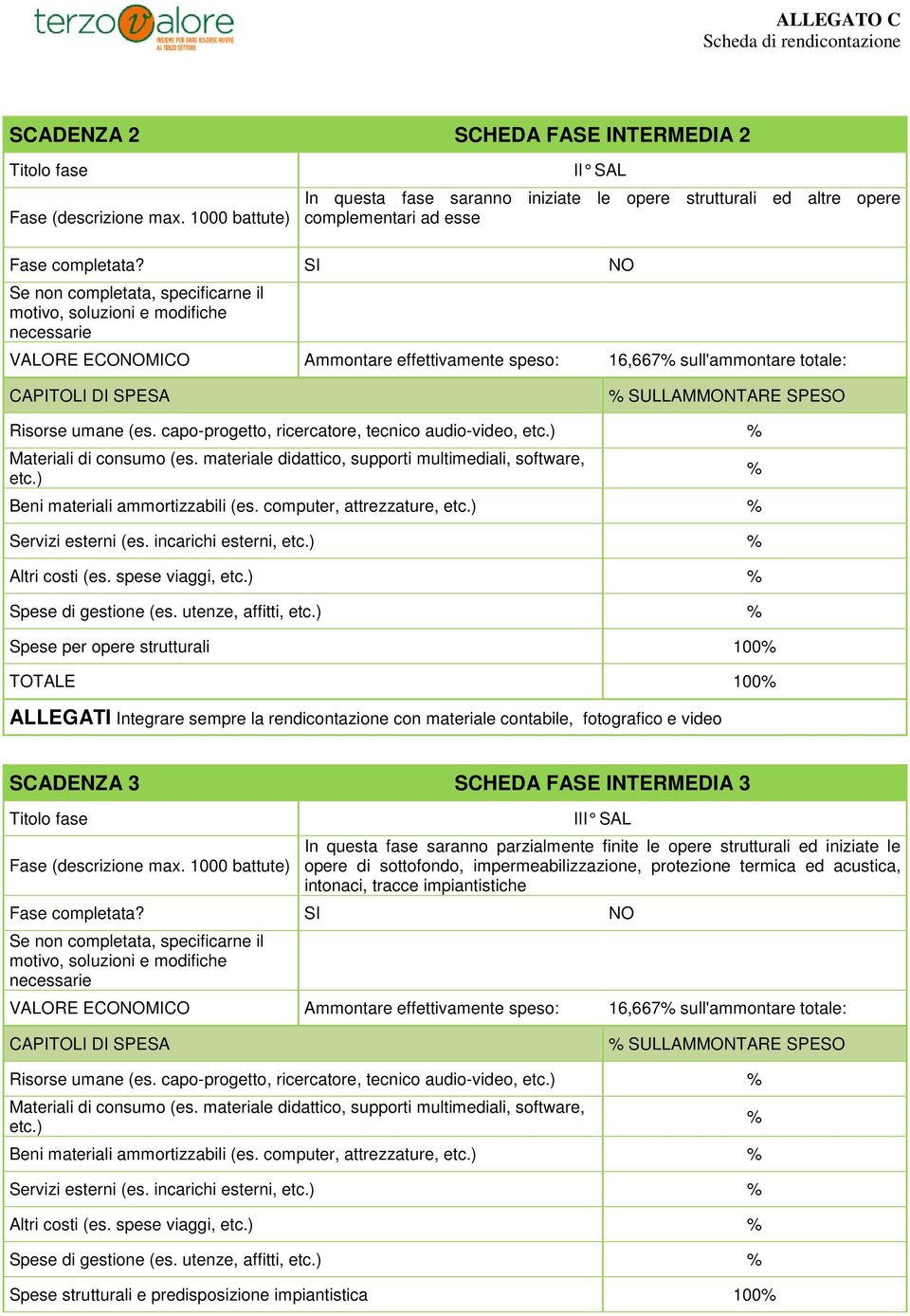 utenze, affitti, Spese per opere strutturali 100 TOTALE 100 SCADENZA 3 SCHEDA FASE INTERMEDIA 3 III SAL In questa fase saranno parzialmente finite le opere strutturali ed iniziate le opere di