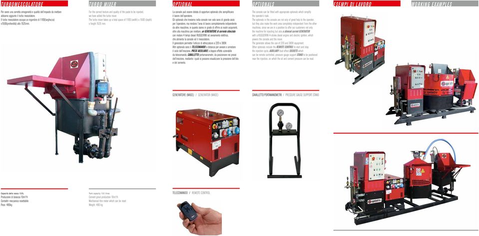 The turbo mixer takes up a total space of 1100 (width) x 1500 (depth) x height 1525 mm. La console può essere dotata di opportuni optionals che semplificano il lavoro dell operatore.