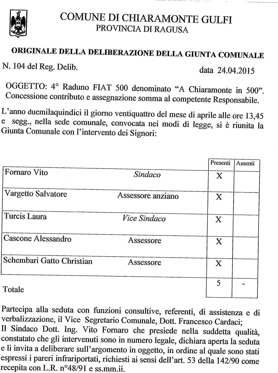 , nella sede comunale, convocata nei modi di legge, si è riunita la Giunta Comunale con l'intervento dei Signori: Fornaro Vito Vargetto Salvatore Turcis Laura Cascone Alessandro Schembari Gatto