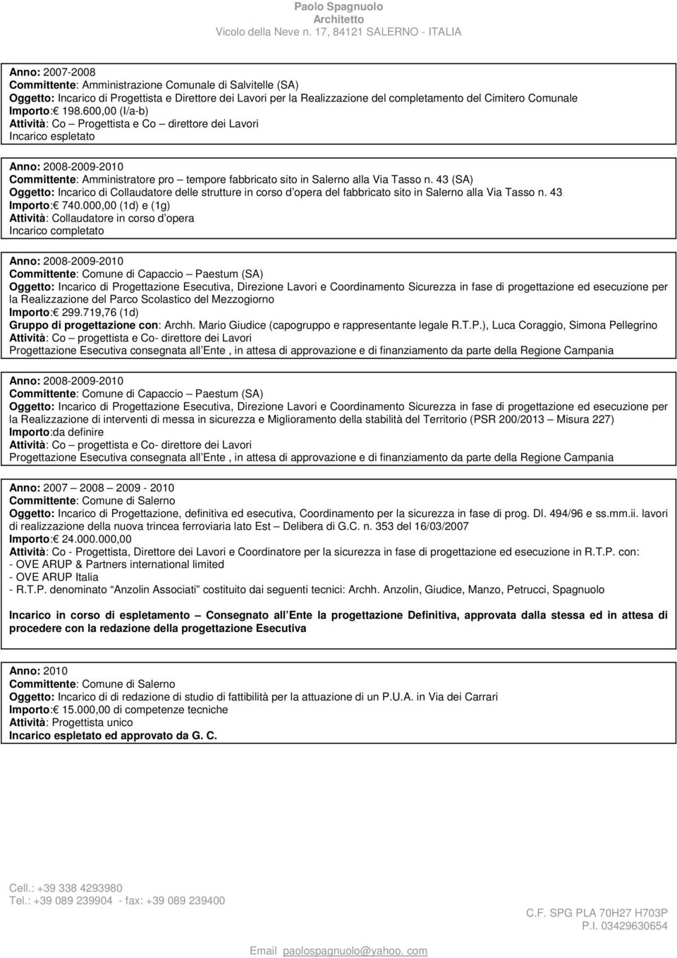 43 (SA) Oggetto: Incarico di Collaudatore delle strutture in corso d opera del fabbricato sito in Salerno alla Via Tasso n. 43 Importo: 740.