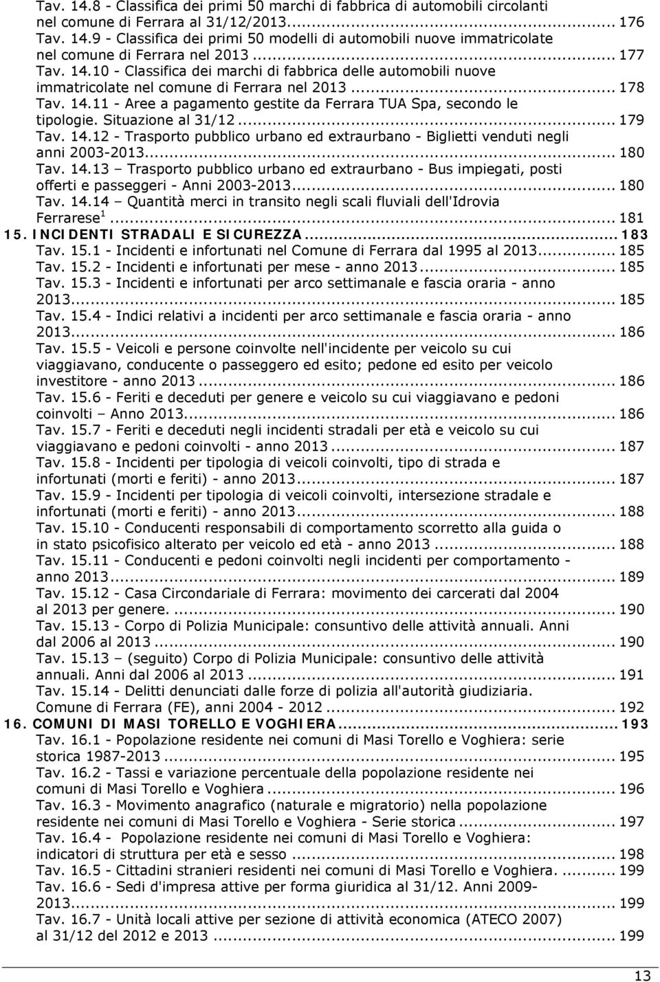 Situazione al 31/12... 179 Tav. 14.12 - Trasporto pubblico urbano ed extraurbano - Biglietti venduti negli anni 2003-2013... 180 Tav. 14.13 Trasporto pubblico urbano ed extraurbano - Bus impiegati, posti offerti e passeggeri - Anni 2003-2013.