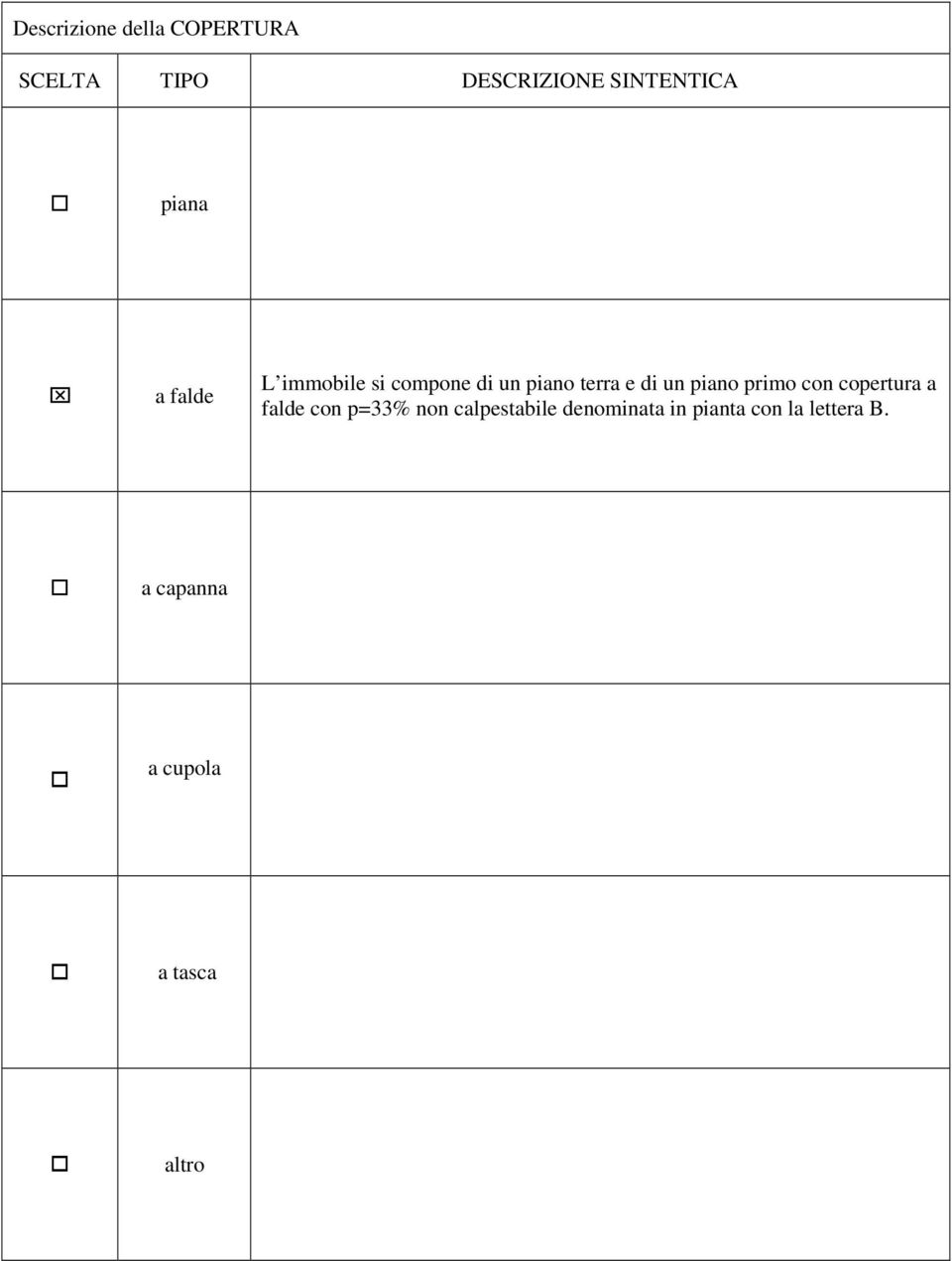 piano primo con copertura a falde con p=33% non calpestabile