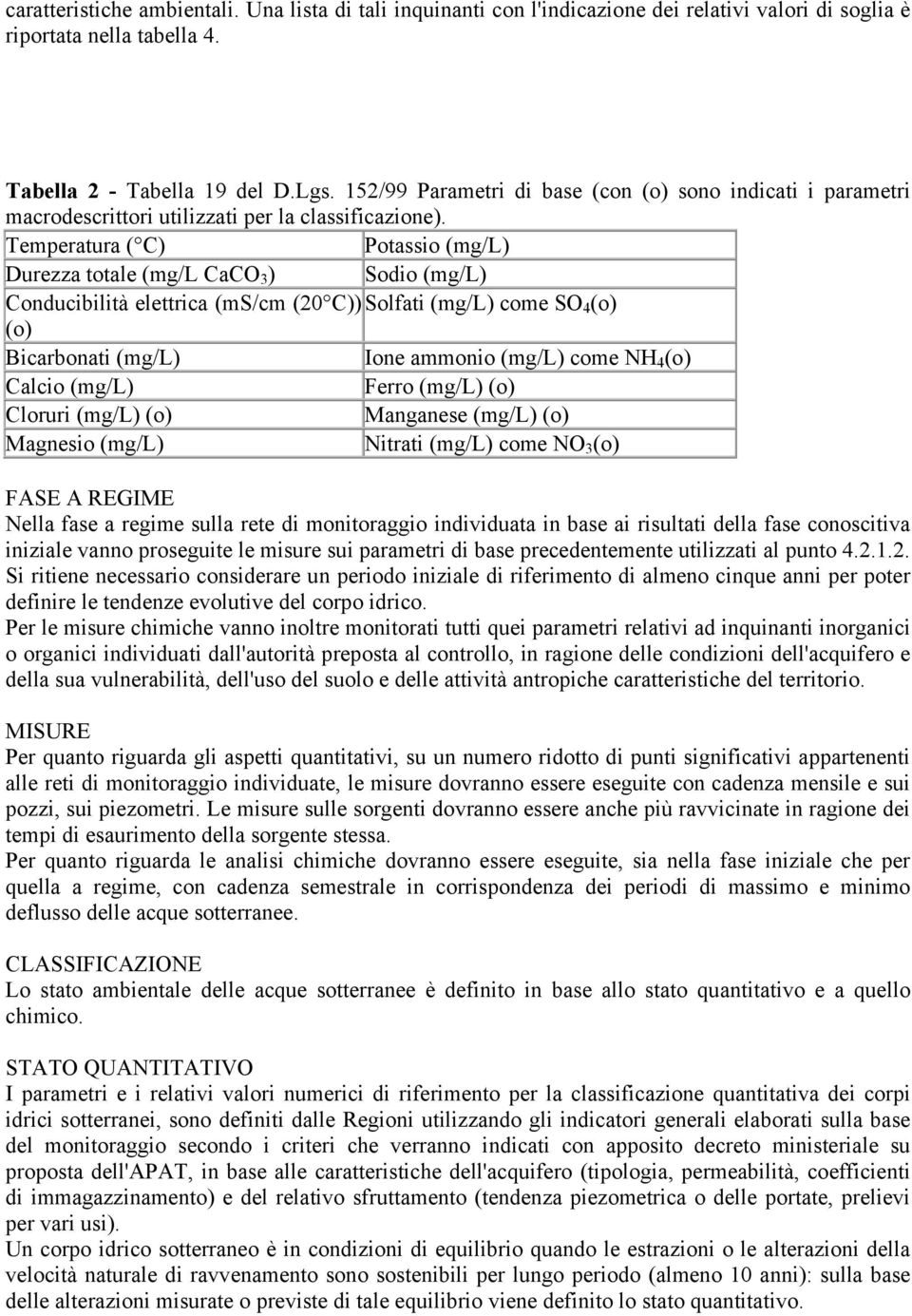 Temperatura ( C) Potassio (mg/l) Durezza totale (mg/l CaCO 3 ) Sodio (mg/l) Conducibilità elettrica (ms/cm (20 C)) Solfati (mg/l) come SO 4 (o) (o) Bicarbonati (mg/l) Ione ammonio (mg/l) come NH 4