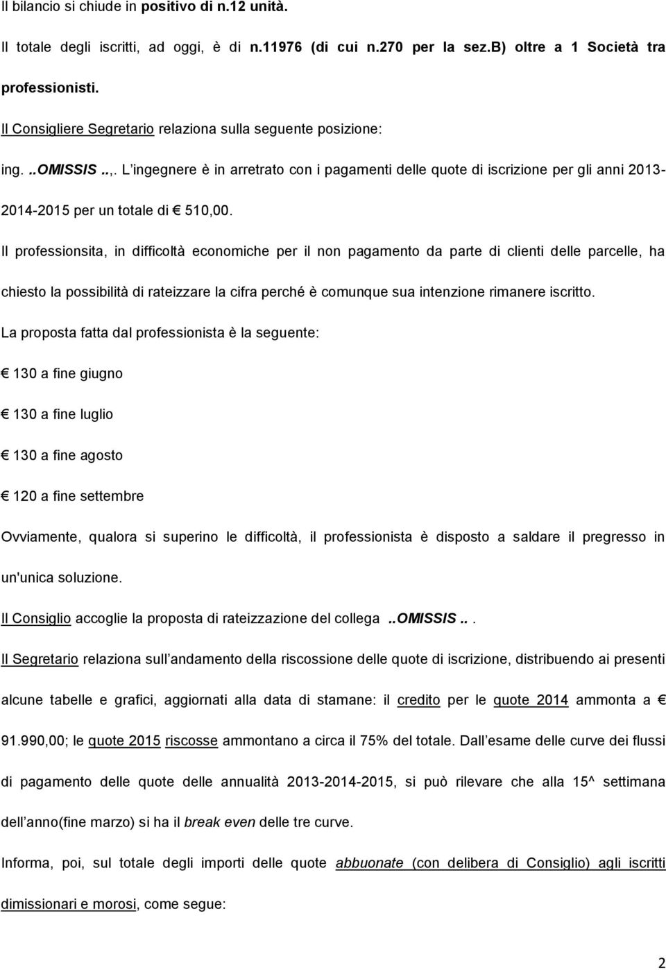 L ingegnere è in arretrato con i pagamenti delle quote di iscrizione per gli anni 2013-2014-2015 per un totale di 510,00.