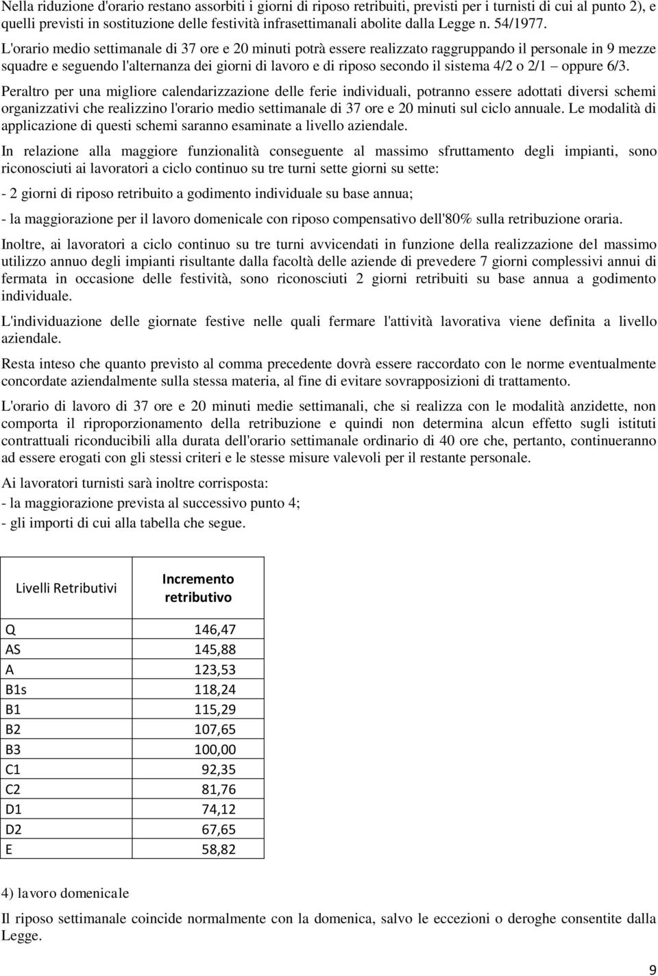 L'orario medio settimanale di 37 ore e 20 minuti potrà essere realizzato raggruppando il personale in 9 mezze squadre e seguendo l'alternanza dei giorni di lavoro e di riposo secondo il sistema 42 o