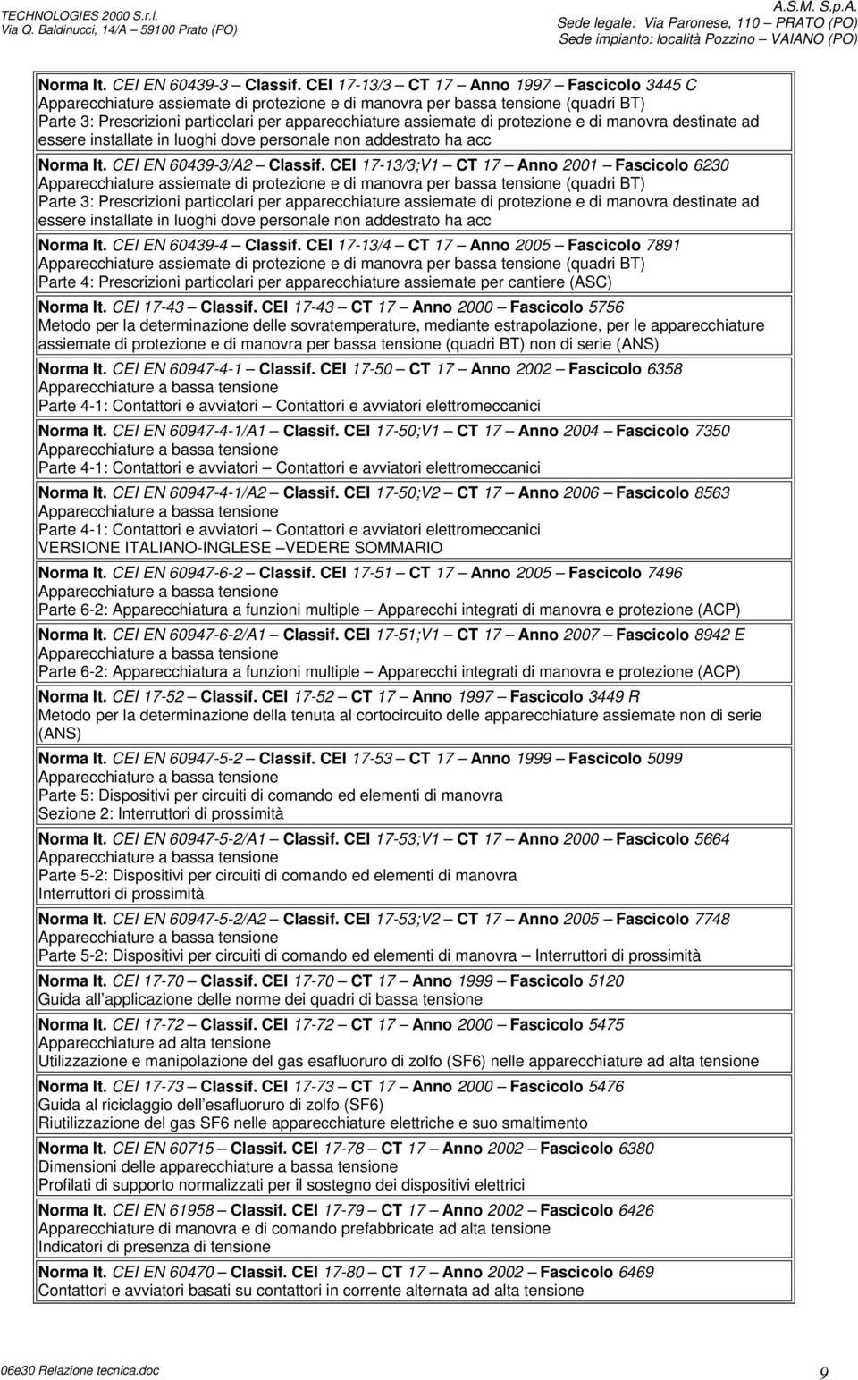 protezione e di manovra destinate ad essere installate in luoghi dove personale non addestrato ha acc Norma It. CEI EN 60439-3/A2 Classif.