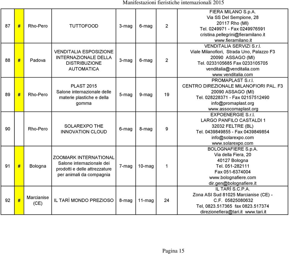 2 5-mag 9-mag 19 6-mag 8-mag 9 7-mag 10-mag 1 IL TARÌ MONDO PREZIOSO 8-mag 11-mag 24 FIERA MILANO S.p.A. Via SS Del Sempione, 28 20117 Rho (MI) Tel. 0249971 - Fax 0249976591 cristina.