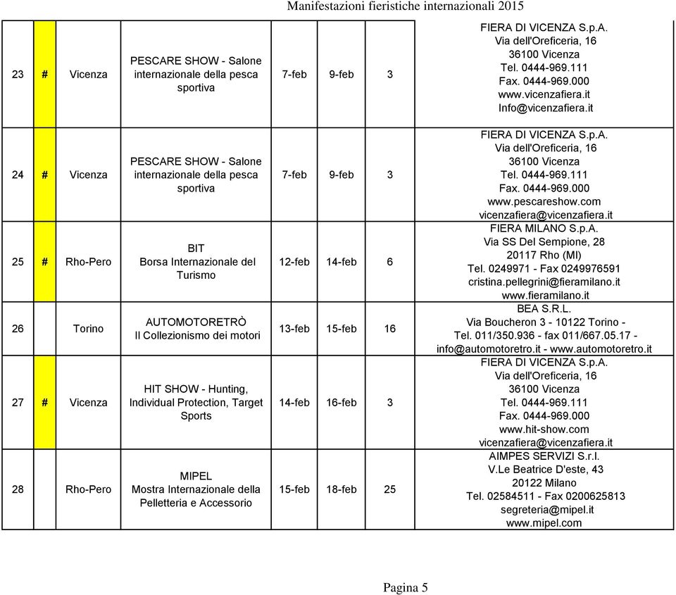 it 24 # Vicenza 25 # Rho-Pero 26 Torino 27 # Vicenza 28 Rho-Pero PESCARE SHOW - Salone internazionale della pesca sportiva BIT Borsa Internazionale del Turismo AUTOMOTORETRÒ Il Collezionismo dei