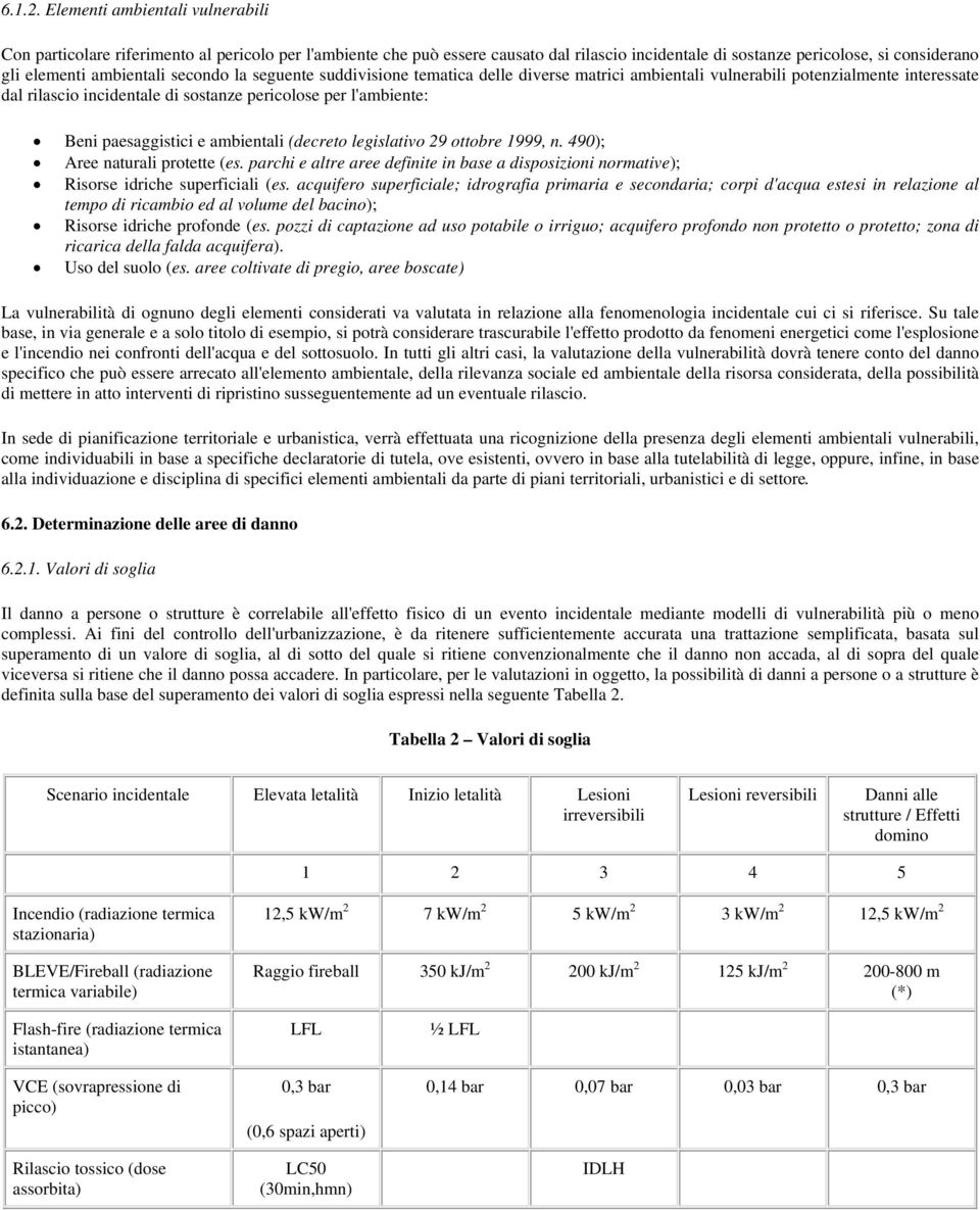 secondo la seguente suddivisione tematica delle diverse matrici ambientali vulnerabili potenzialmente interessate dal rilascio incidentale di sostanze pericolose per l'ambiente: Beni paesaggistici e