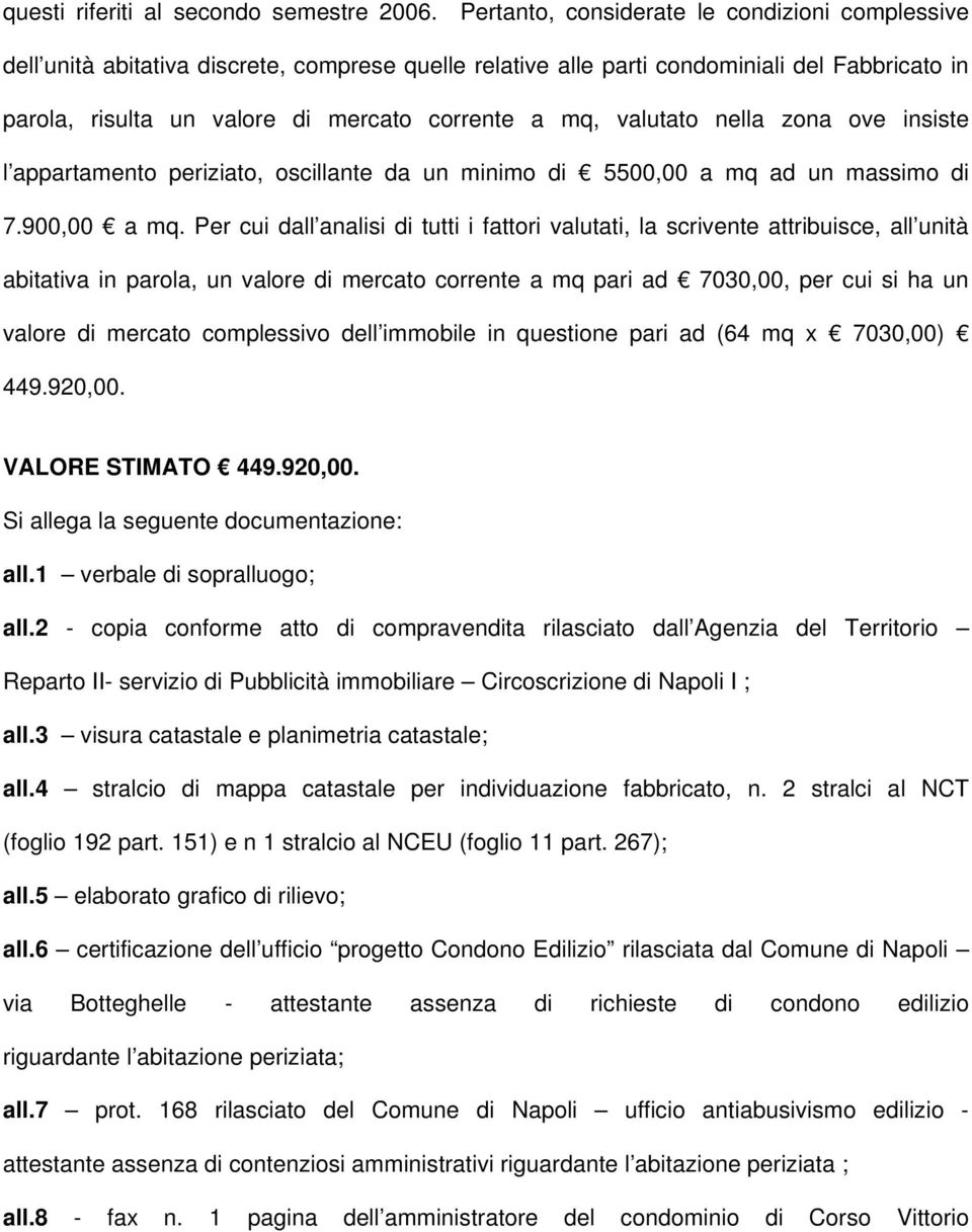 valutato nella zona ove insiste l appartamento periziato, oscillante da un minimo di 5500,00 a mq ad un massimo di 7.900,00 a mq.