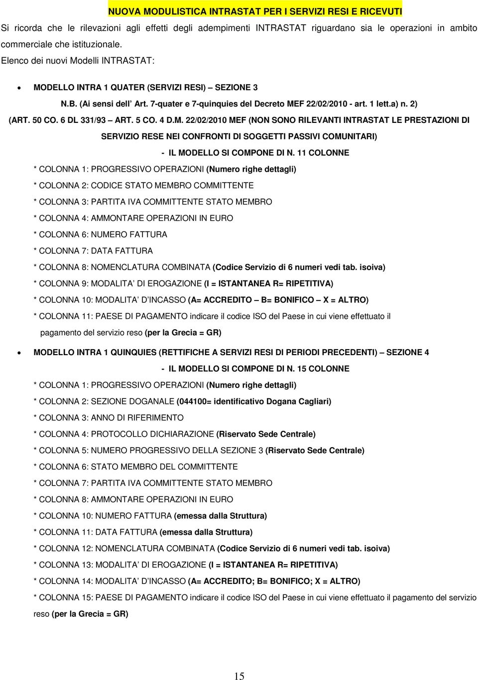 6 DL 331/93 ART. 5 CO. 4 D.M. 22/02/2010 MEF (NON SONO RILEVANTI INTRASTAT LE PRESTAZIONI DI SERVIZIO RESE NEI CONFRONTI DI SOGGETTI PASSIVI COMUNITARI) - IL MODELLO SI COMPONE DI N.