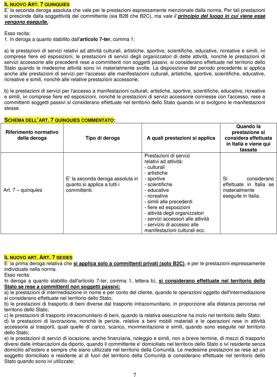 In deroga a quanto stabilito dall'articolo 7-ter, comma 1: a) le prestazioni di servizi relativi ad attività culturali, artistiche, sportive, scientifiche, educative, ricreative e simili, ivi